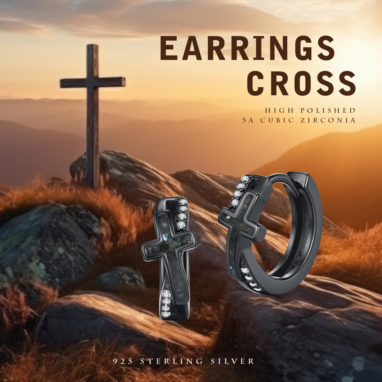 Orecchini a cerchio a croce neri in argento 925, piccoli, ipoallergenici, diametro 15 mm, piccoli orecchini a cerchio a croce, unisex, idea regalo per uomo e donna