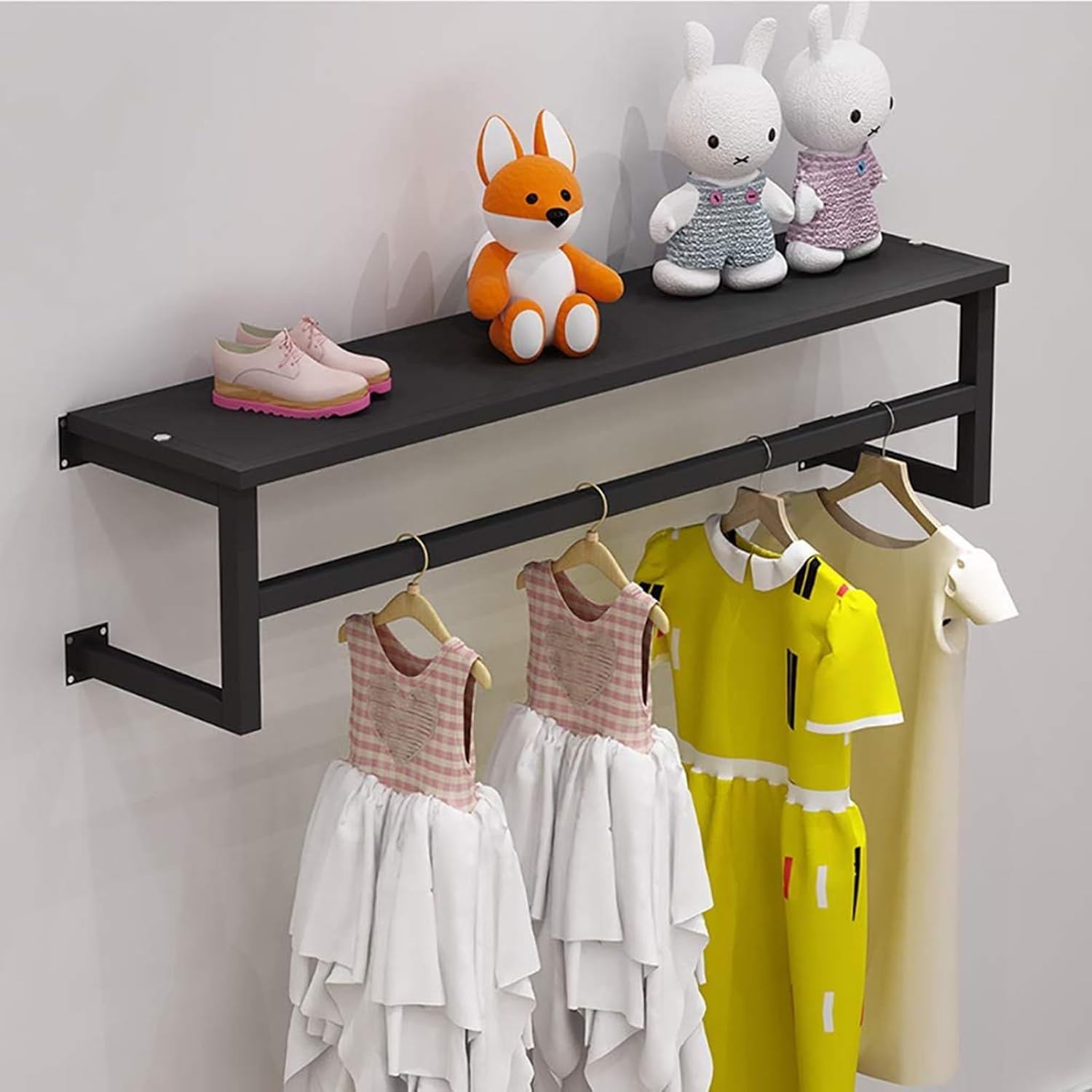 壁掛け洋服ラック - 吊り下げロッド付きアイアンフローティングシェルフ、省スペース衣類ディスプレイラック、60cmの棚付きブラックコ