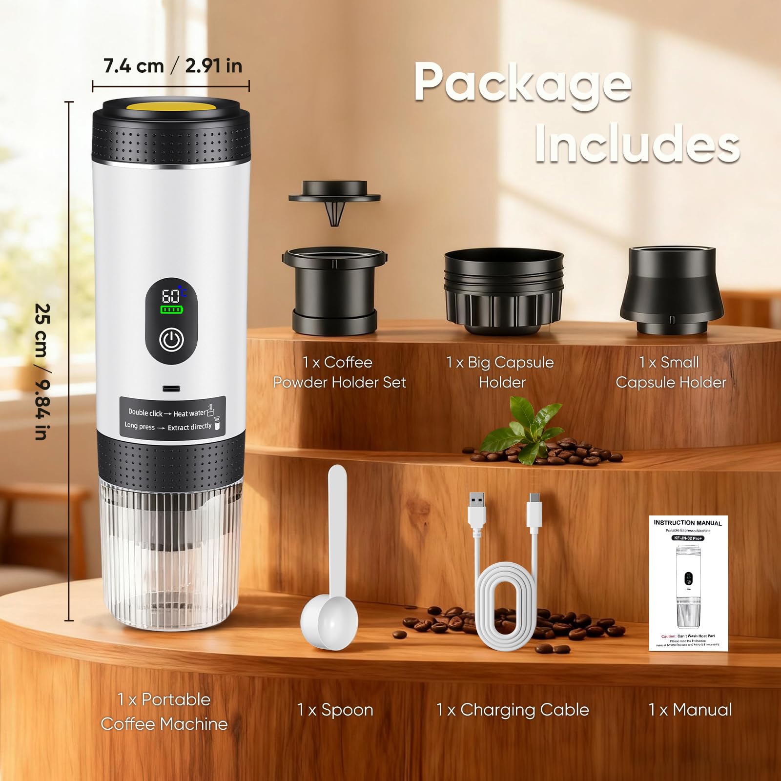 Macchina da caffè portatile 3 in 1 compatibile con capsule Dolce Gusto, Nespresso e caffè macinato – batteria 7500 mAh – Estrazione calda o diretta – Display intelligente per casa, ufficio, viaggio