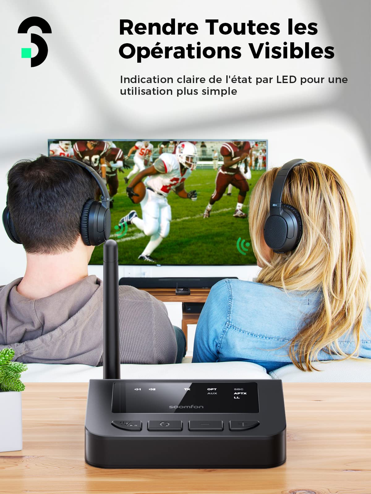 SOOMFON aptX LL Émetteur Bluetooth TV Transmetteur Audio Bluetooth 5.0 avec Réglage du Volume, Adaptateur Bluetooth pour Téléviseur/PC, aptX Low Latency, portée Ultra-Large, Aux/RCA/Optique