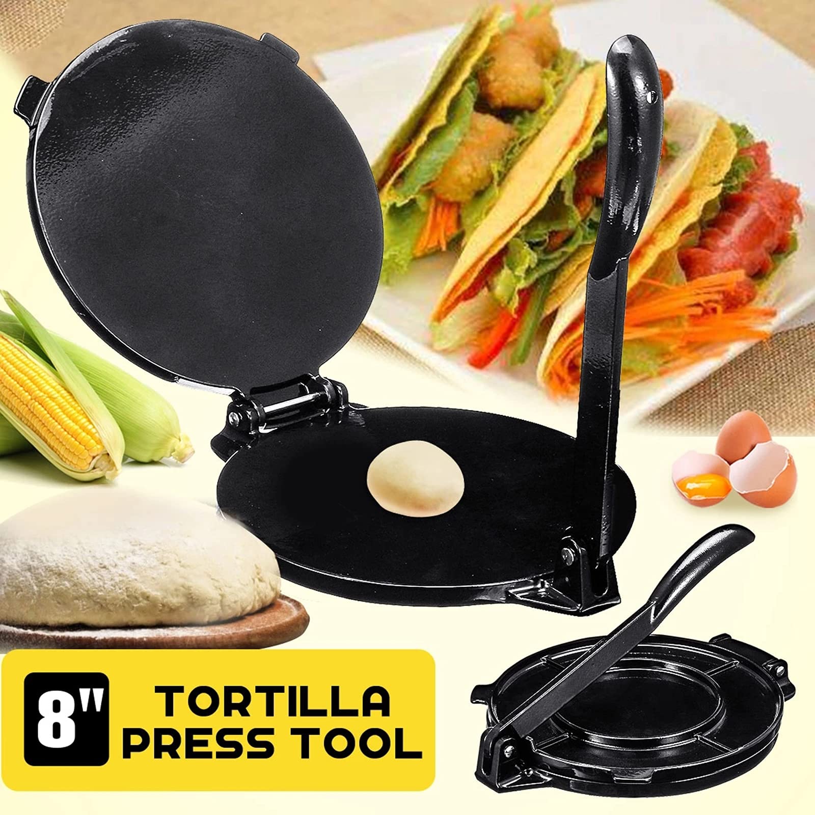 20 Cm / 8 Pulgadas Tortilla Press Maker Aluminio Plegable Cocina Casera Hornear Harina De Maíz Quesadilla Prensa Maker Herramienta De Pastel De Bricolaje, Negro