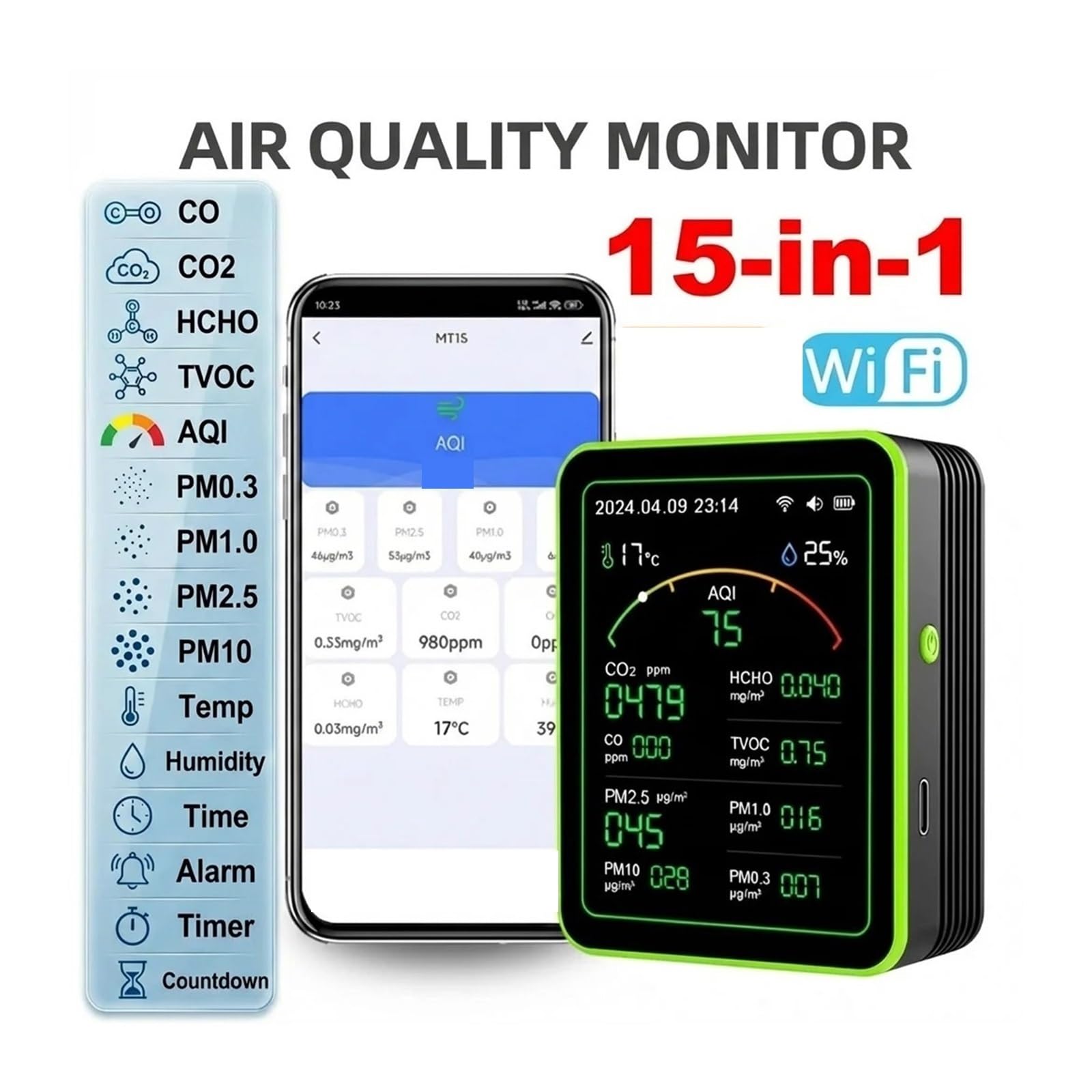 Monitor de calidad del aire, Monitor De Calidad Del Aire 15 En 1 Con Aplicación WiFi, Detector Gas Recargable Por USB, Medidor Sensor PM2.5 PM10 PM0.3 TVOC HCHO CO Co2(MT29 Red Black)