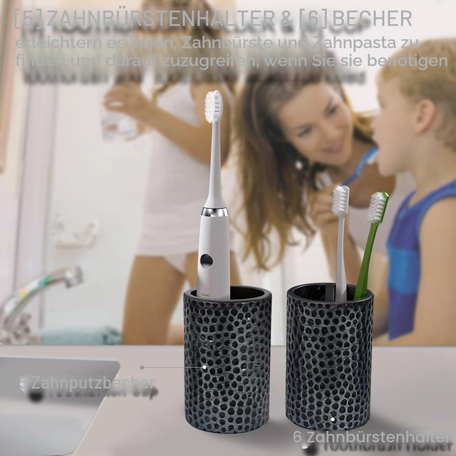 Badezimmer Zubehör Set, LKKL 7-teilig Bad Set mit Mülleimer Seifenspender Seifenschale Zahnputzbecher Zahnbürstenhalter Qtip Halter Badezimmer Tablett Modern Bad Accessoires Komplettset, Silber