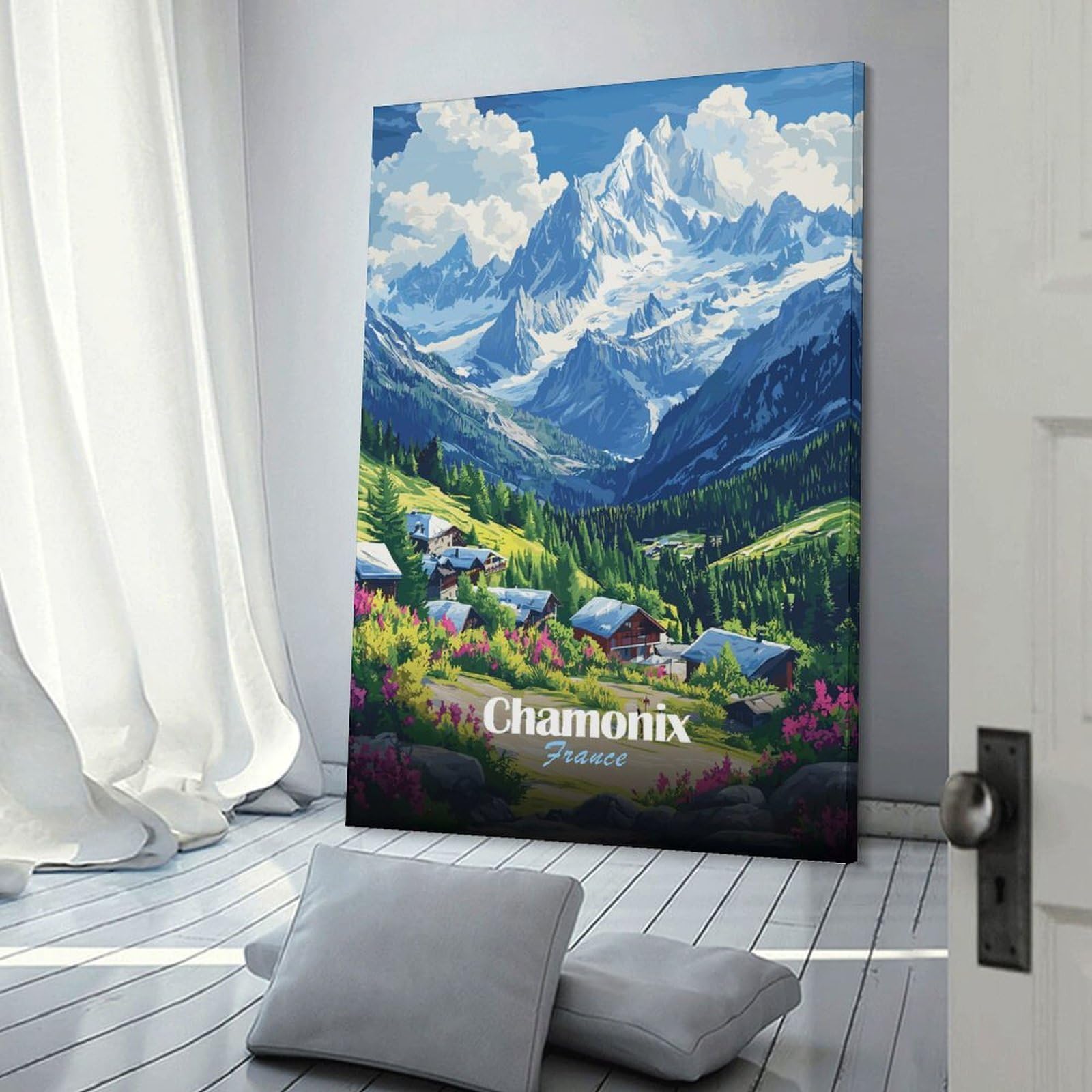 Junmoney Chamonix Mountain Village Hanging Wall Art 20x30inch(50x75cm), for Bedroom Walls, Guest Spaces Or Lounges, An Easy Wall Refresh for Bedrooms