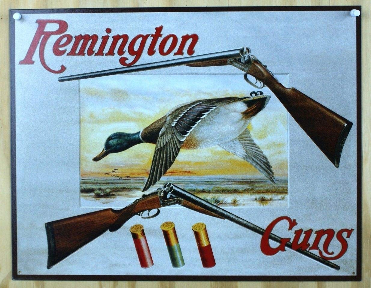 Yelacecca Remington Guns Tin Sign Rifle Pistol Ammo Duck Hunting Ammunition Mallard Metal Wall Signs Hall Garage Poster Tin Sign 7.8X11.8 Inch