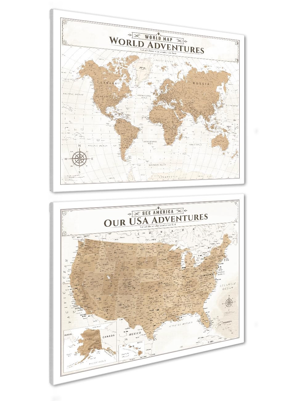 IPIC Vintage World Maps for Wall, World Map Canvas, Total Size 30x24 in