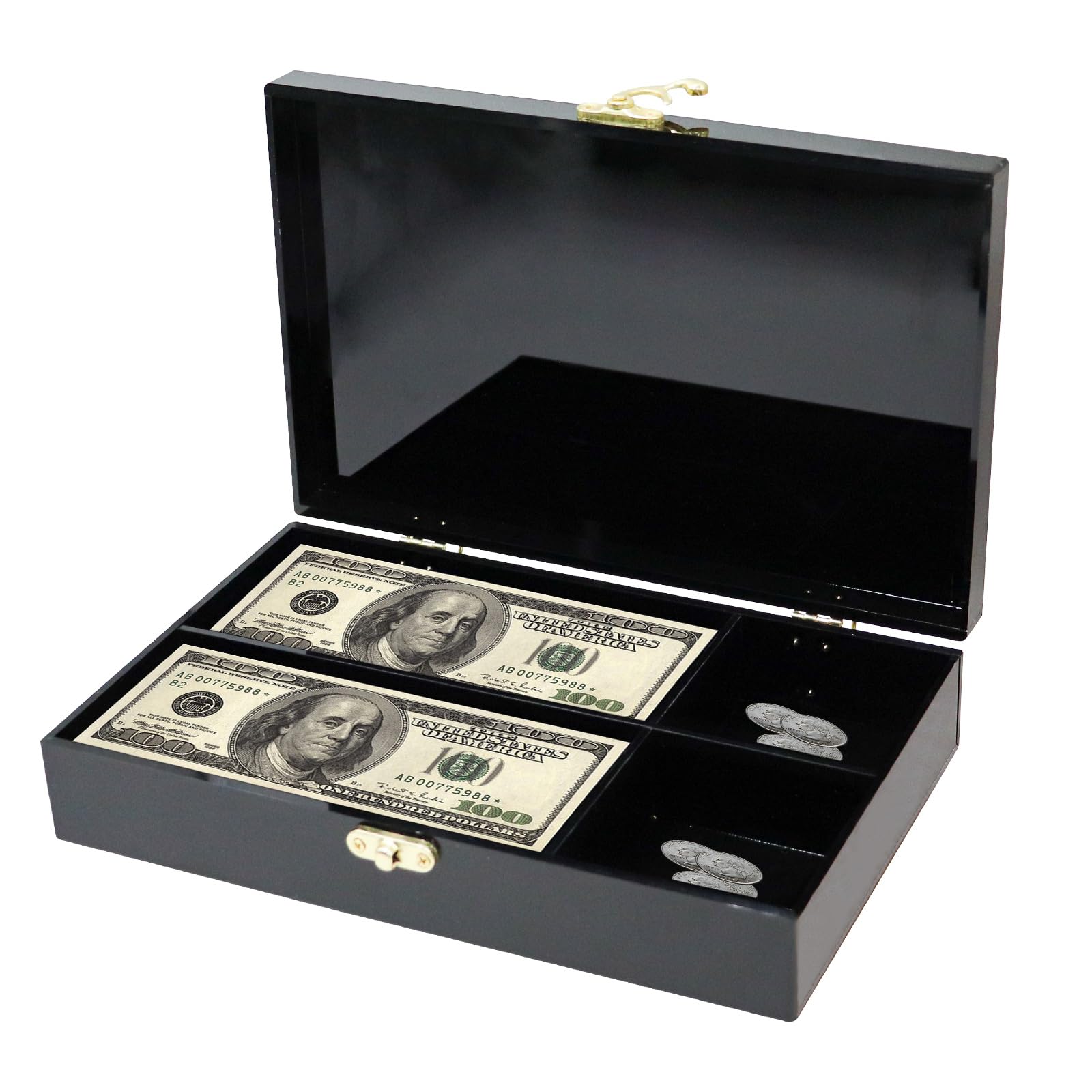 4 Compartment Lockable Cash Box with Coin Holder, Black Acrylic Money Organizer, Coin Storage Box, Single Row Currency Tray, Money Storage Box