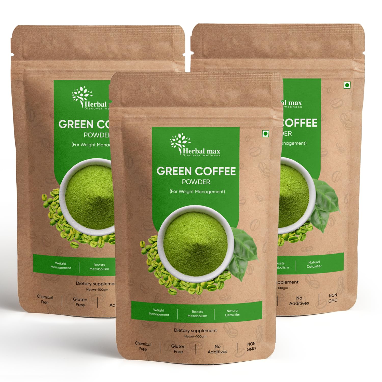 Herbal max Green Coffee Beans Powder, 100g Pack of 3 | Unroasted Beans With Chlorogenic Acid