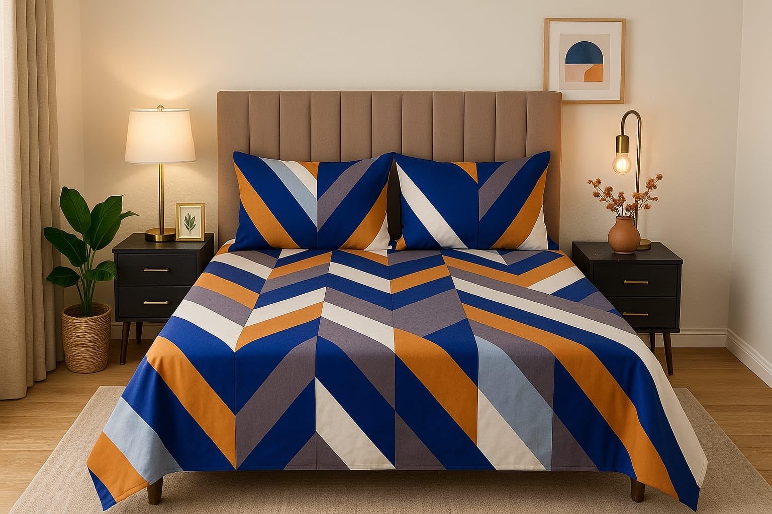 Geometric Chevron Bedding Set, Blue Orange Grey White, Modern Striped Pattern, with Pillow Covers-image-37