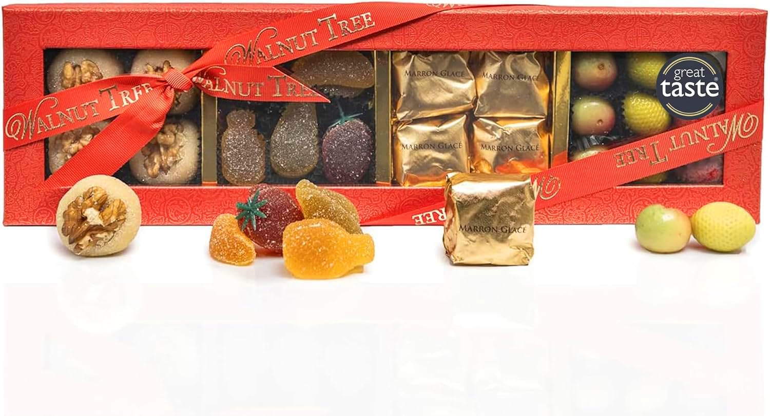 Walnut Tree – Marron Glacés, Marzipan & Pâtes de Fruits Gift Box – Handpacked in the UK – Great Taste Award Winner – Suitable for Gluten Free Diets – Luxury Gift Selection, Birthday, Anniversary, 400g