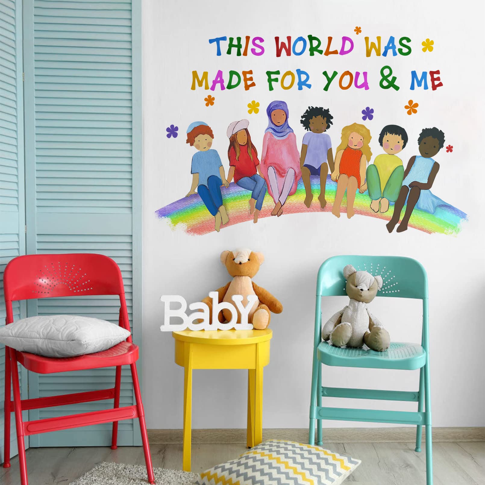 Mfault Kids Diversity Equality Inspirational Wall Decals Stickers, Inspirational We Rise By Lifting Others Wall Decals Stickers, This World Was Made For You And Me Toddler Room Decor