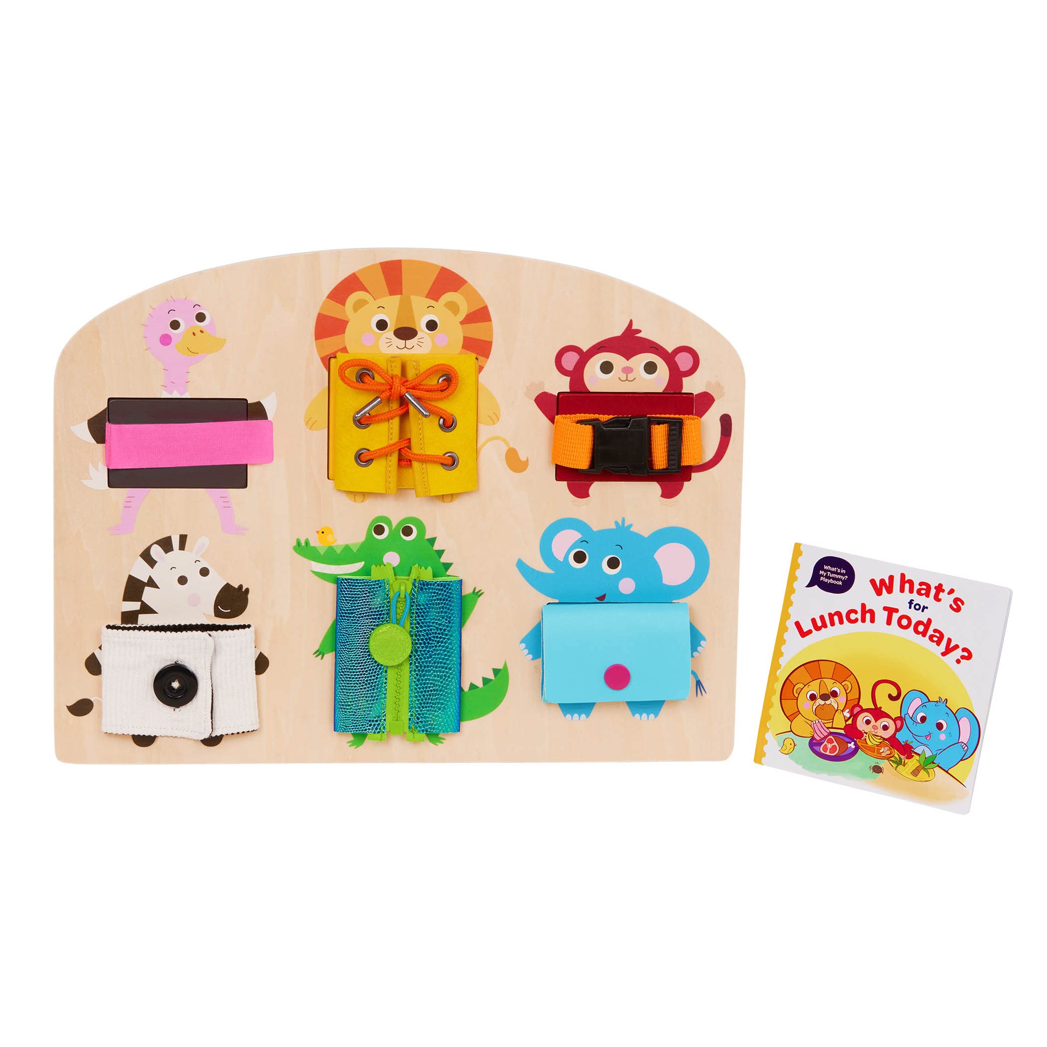 Tableau d’activités Montessori de Voyage, Animaux | 6 attaches à manipuler, 6 pièces de puzzle, 1 plateau en bois et 1 livre de jeux; textures variées, Lot de 8; 3 ans et +