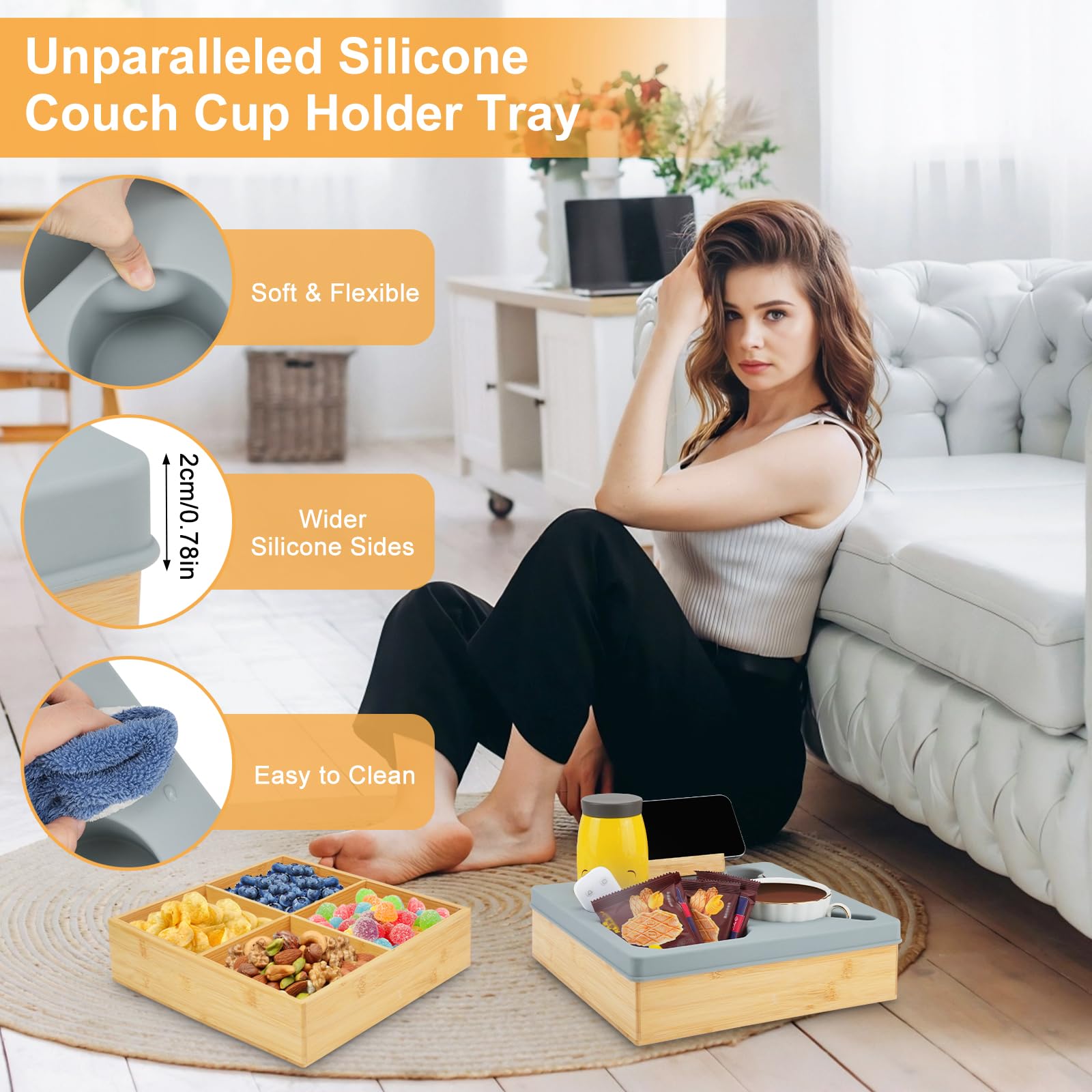 Bambus Couchbar Snackbox Mit Fächern, Snackteller Silikon Couch Organizer, Sofa Tablett Betttablett Handyhalter Geschenke für Männer Frauen Wohnzimmer Schlafzimmer Garten Camping