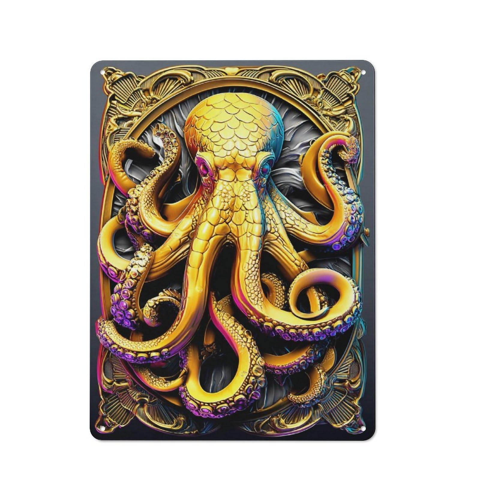 Junmoney Golden Octopus Artwork Tin Wall Plaque 40X30cm With For Home Office Or Studio, For Home Office Decor Fans
