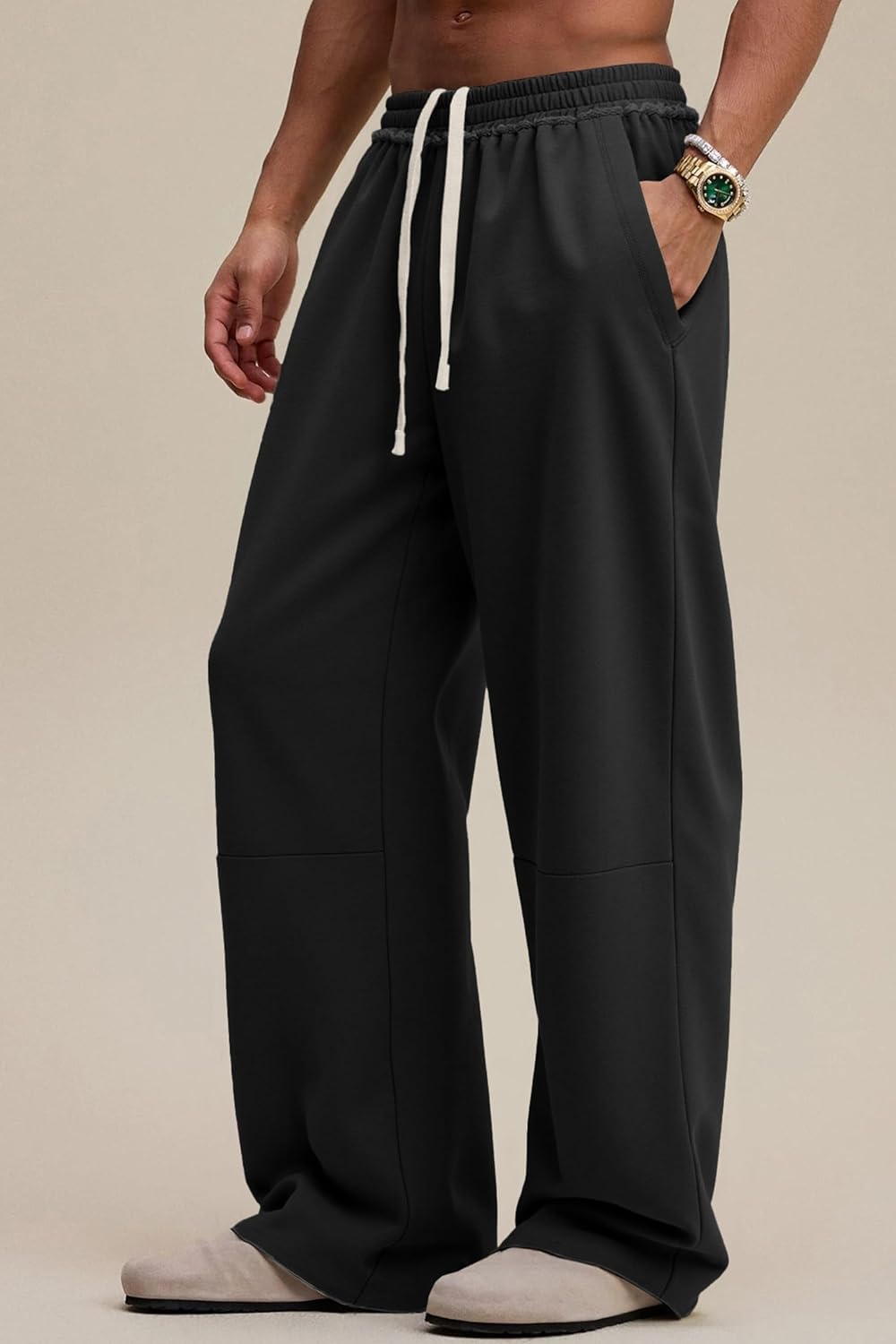 JMIERR Mens Baggy Loose Fit Raw Hem Sweatpants Casual Drawstring Pants Y2K Wide Leg Stretchy Pants with Pockets - Image 4