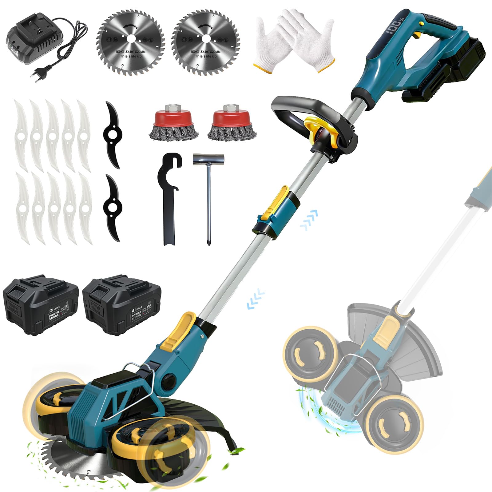 Rasentrimmer mit Akku und Unkrautbürste, Akku Rasentrimmer für Makita-Akkus mit 4 Klingentypen und 2X4.0Ah Akkus, 21V Bürstenlose Freischneider Akku für Garden Trimmen (Blau)