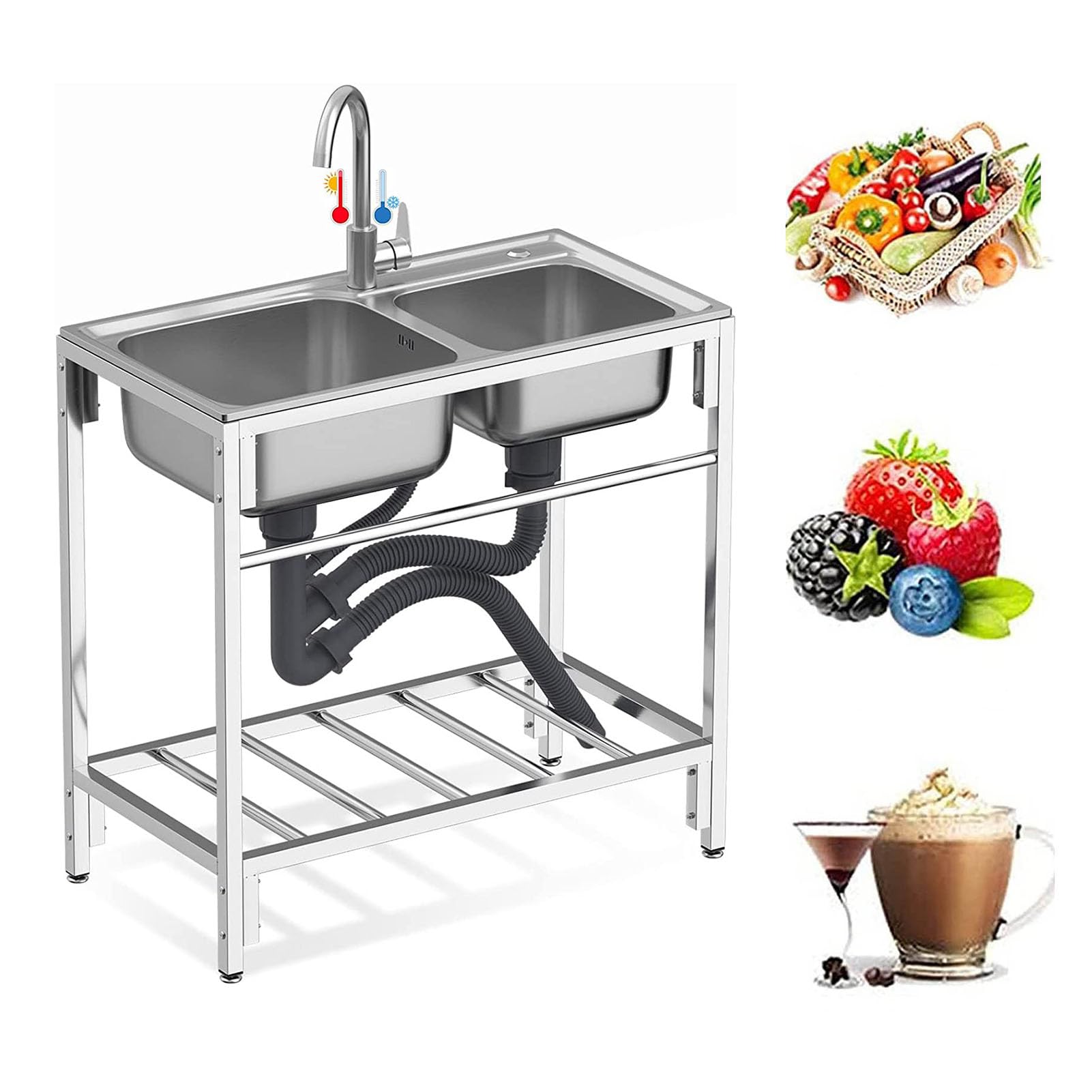 Évier double cuve avec robinet pivotant 360° et étagères