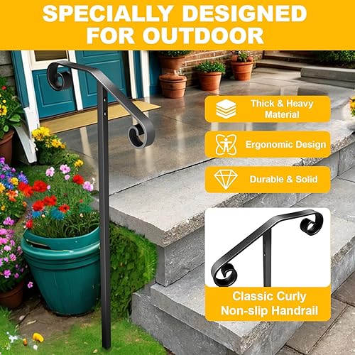 Miniatura 3 de SPACEEUP Pasamanos de escalera para exteriores, pasamanos de 1 a 3 escalones, barandilla de acero negro tipo redondo para escaleras, barandillas