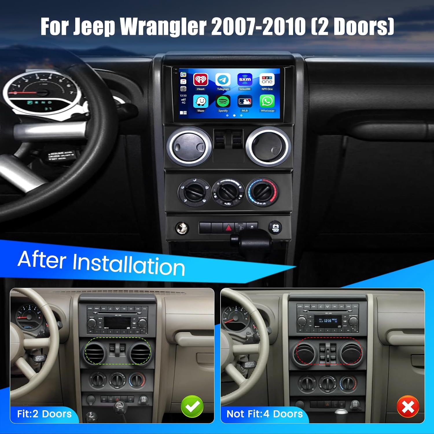 for Jeep Wrangler 2 Door 2007 2008 2009 2010 Hikity Android Car Stereo, 4+128G 9”Incell Touch Screen Bluetooth Car Radio Carplay Multimedia Player Head Unit Support Navigation Backup Camera
