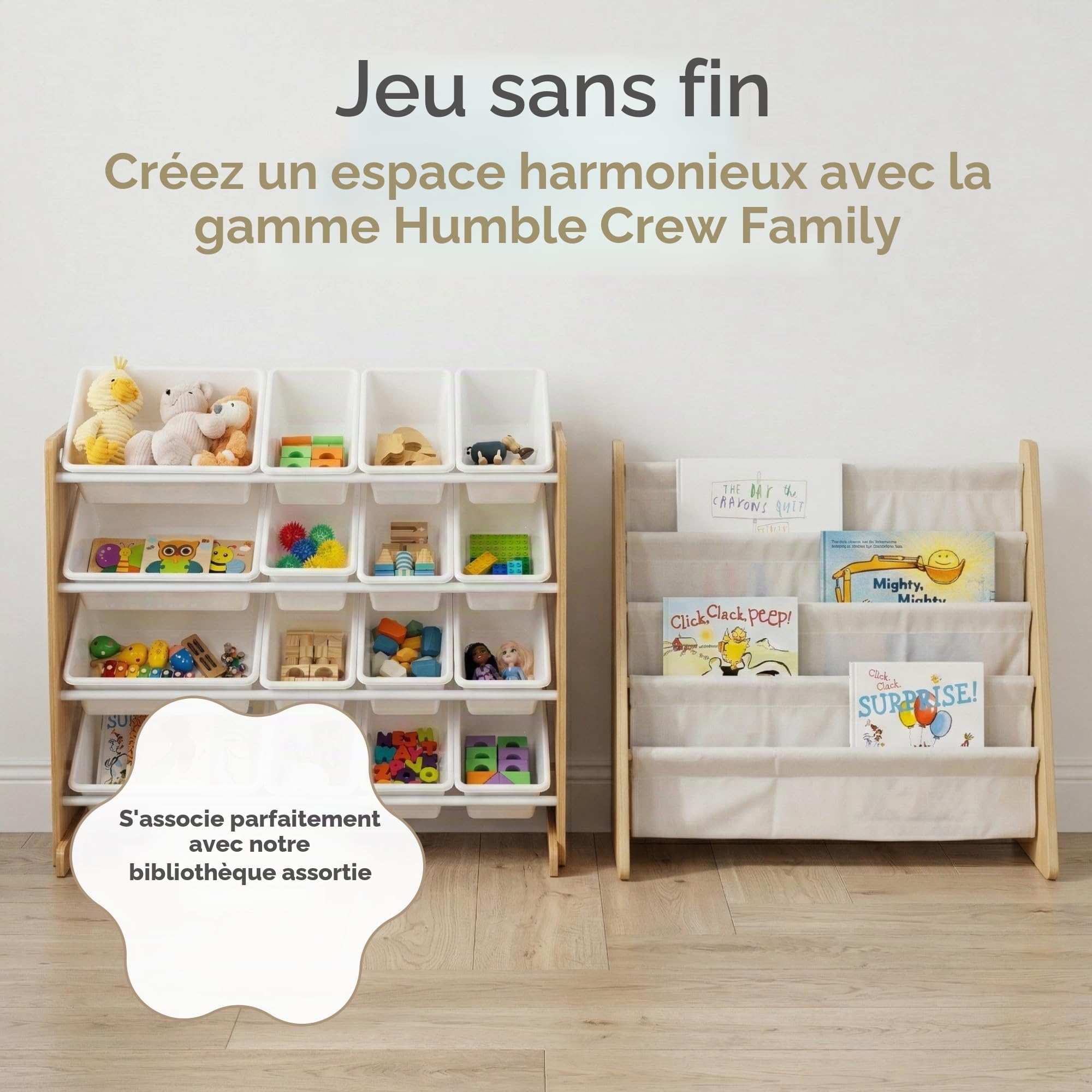 Humble Crew WO166 Étagère pour Enfants - Organisateur de Jouets avec 16 Bacs de Rangement, Naturel/Blanc
