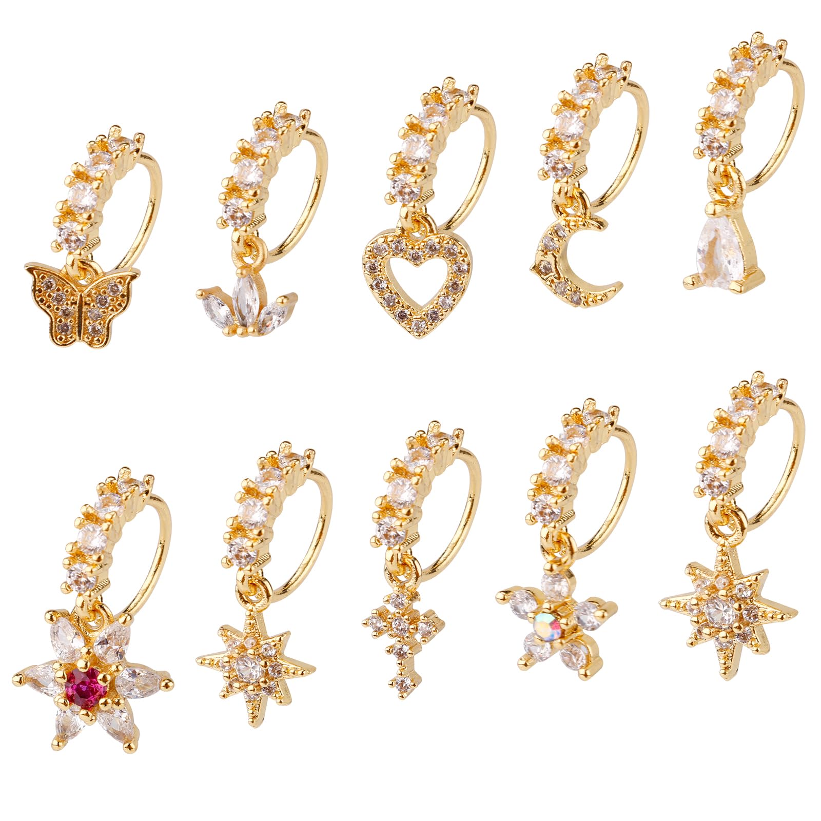 Gosknor 10 Pcs Dangle Nose Stud Rings Hoops, Copper Dainty Star Moon Heart Leaf Dangle Nose Hoop Piercing Jewelry for Women Fashion Accessories(Gold)
