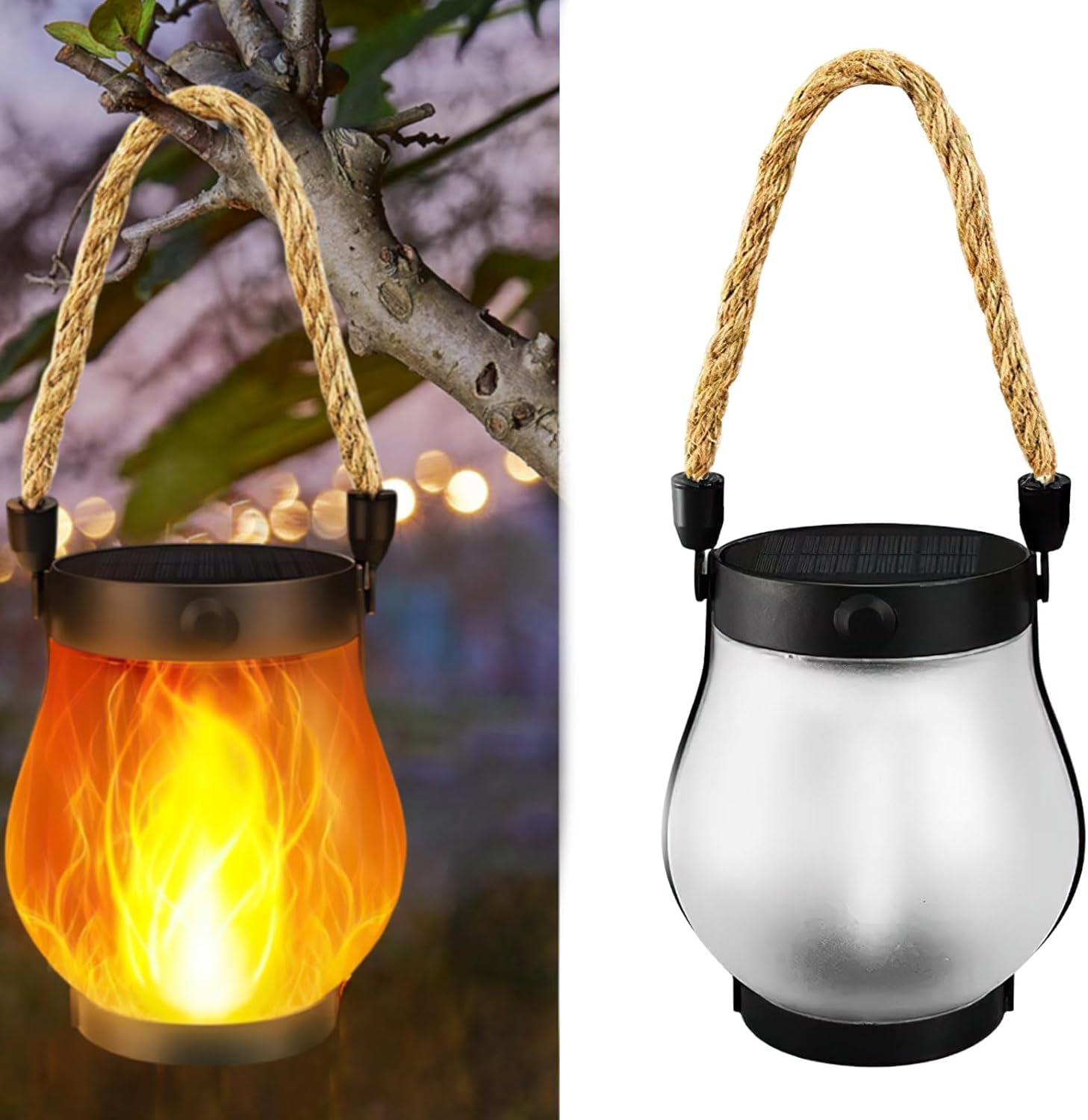 Flame Solar Lantern Outdoor Lights, 1500mah Outdoor Lanterns for Garden with Flame Effect, Rechargeable IPX4 Hanging Solar Lights Camp Garden for Outside Table Patio Balcony Courtyard