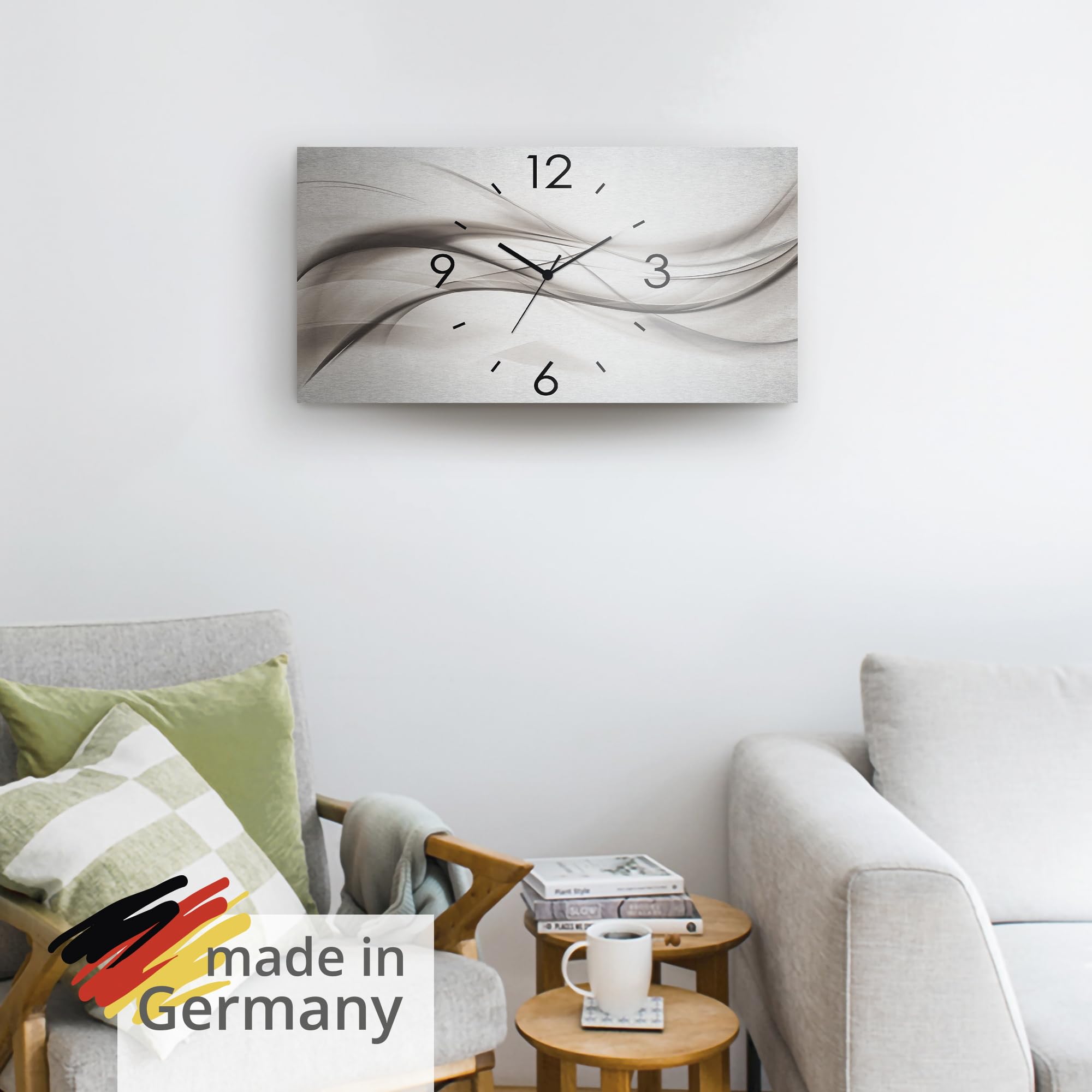 ARTLAND Wanddeko Wanduhr ohne Tickgeräusche Alu Quarzuhr 60x30 cm Eckig Lautlos 3D Design Kunst Welle Abstrakt Modern Silber K5ZO