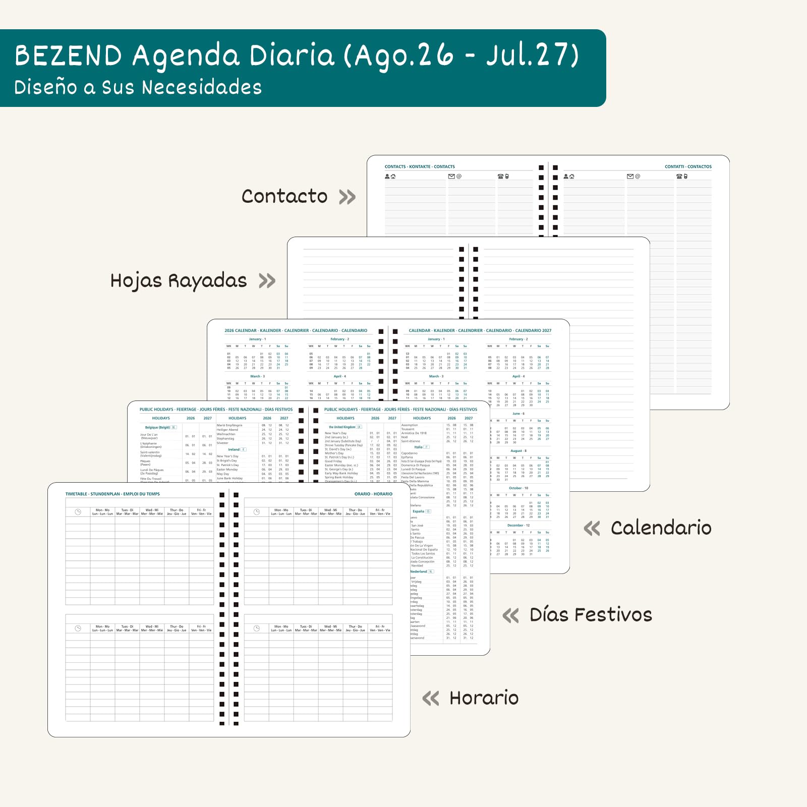 BEZEND Agenda Escolar 2026 2027 Día por Página A5 Espiral, 12 Meses de Ago.26 a Jul.27, Agenda Diaria Diseño Floral 15,5 x 21 cm, Dia Vista con Intervalos de 30 minutos, Tapa Dura - Rosa