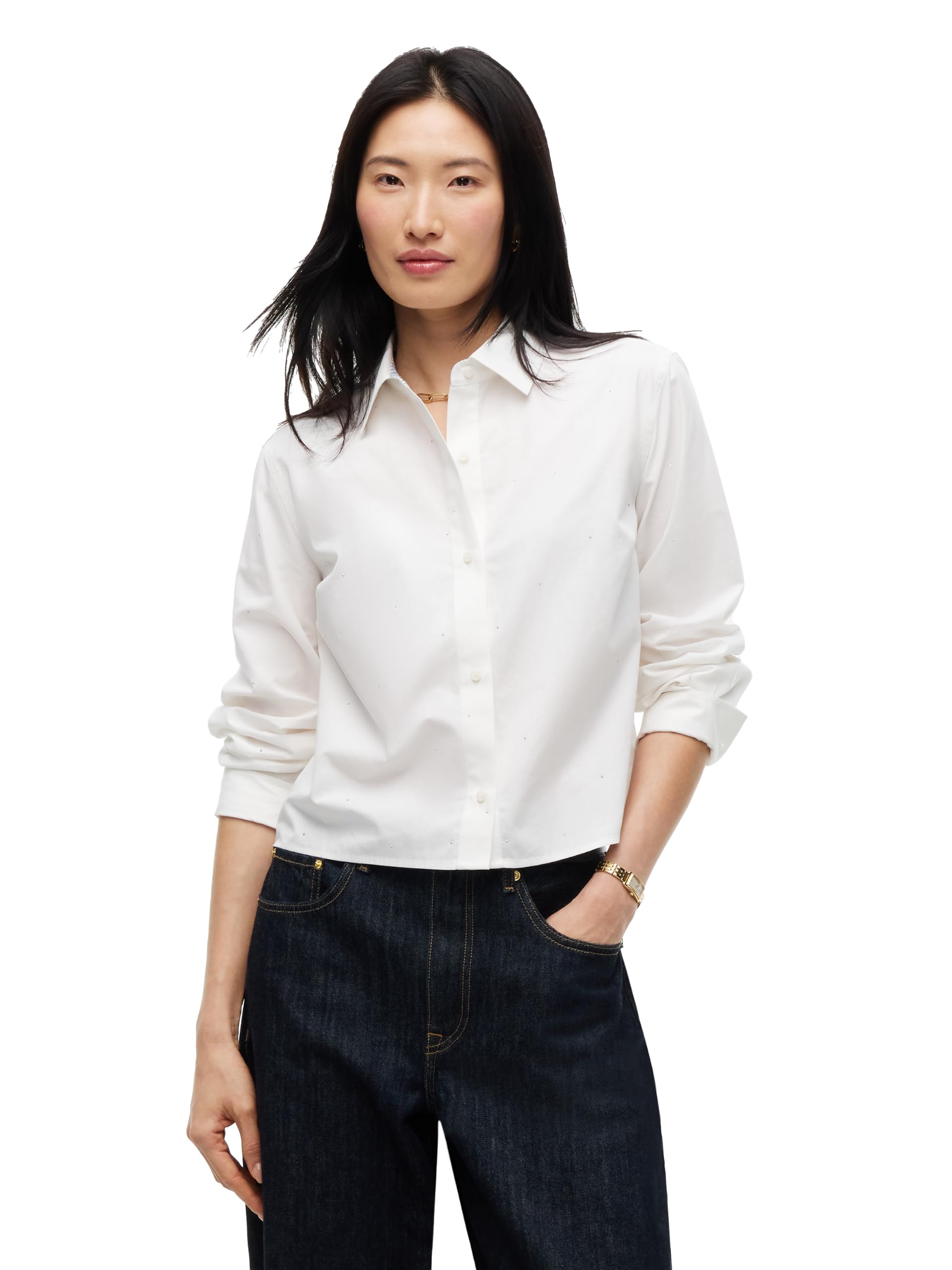 Women's Cotton Poplin Long Sleeve Button Down Shirt with Bling