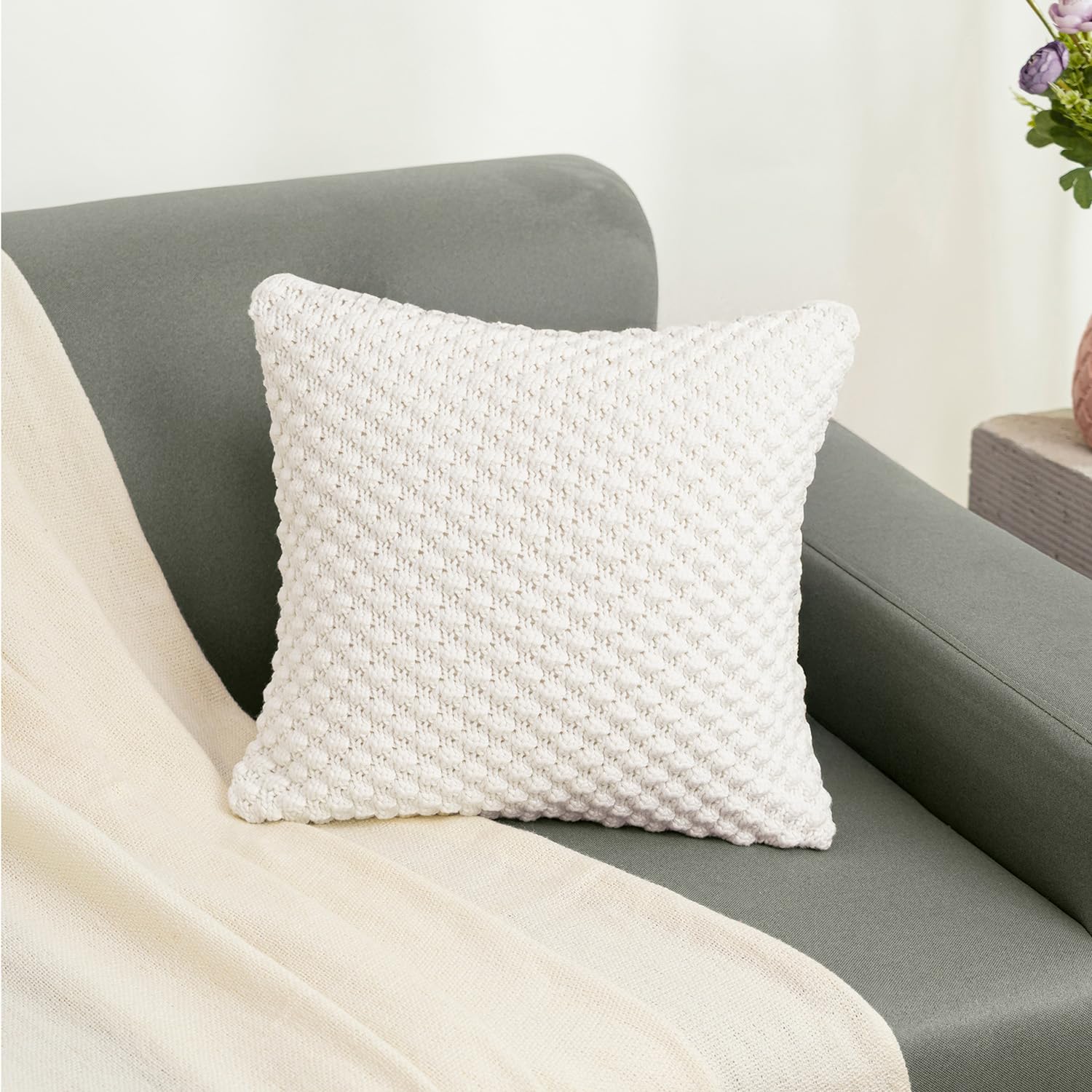 haus & kinder Decorative Embroidered Bubble Ivory Cushion Covers Pack of 2 | Knitted Decorative Bubble Knit Cushion Cover for Sofa Living Room | 16'' X 16'' | 100% Cotton 210TC