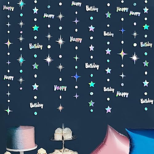 Miniatura 3 de Decoraciones iridiscentes de feliz cumpleaños, kit de guirnalda de estrellas centelleantes con lunares circulares holográficos metálicos para