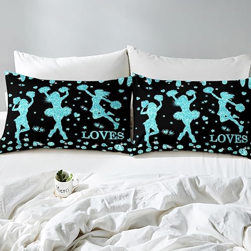 Miniatura 6 de Erosebridal Juego de ropa de cama de animadora para niñas, tamaño individual, funda de edredón de animadora azul, con lentejuelas con purpurina y