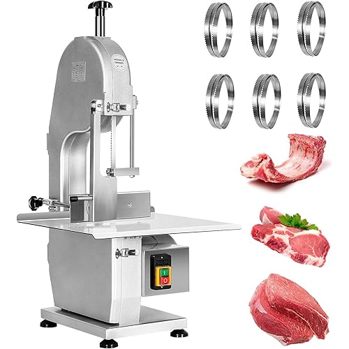 1500W Electric Bone Saw Machine, 0.8-5.9 Inch Cutting Thickness,2.6HP Frozen Meat Cutter 110V Commercial Bandsaw Machine, 20x15in Table Sawing for Chicken Fish Trotter Beef, Equipped with 6 Saw Blades