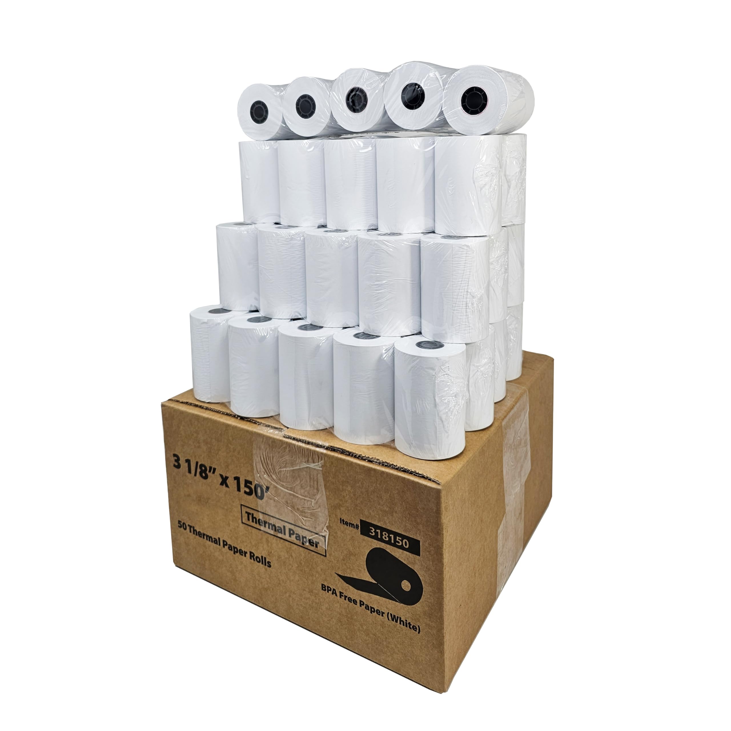 (50 rollos – 48 g/m²) 3 1/8 x 150 rollos de papel térmico (longitud real de 145 a 160 pies) se adapta a todas las impresoras de caja registradora Clover POS, Star Micronics SCP700 TSP100 TSP300 TSP400