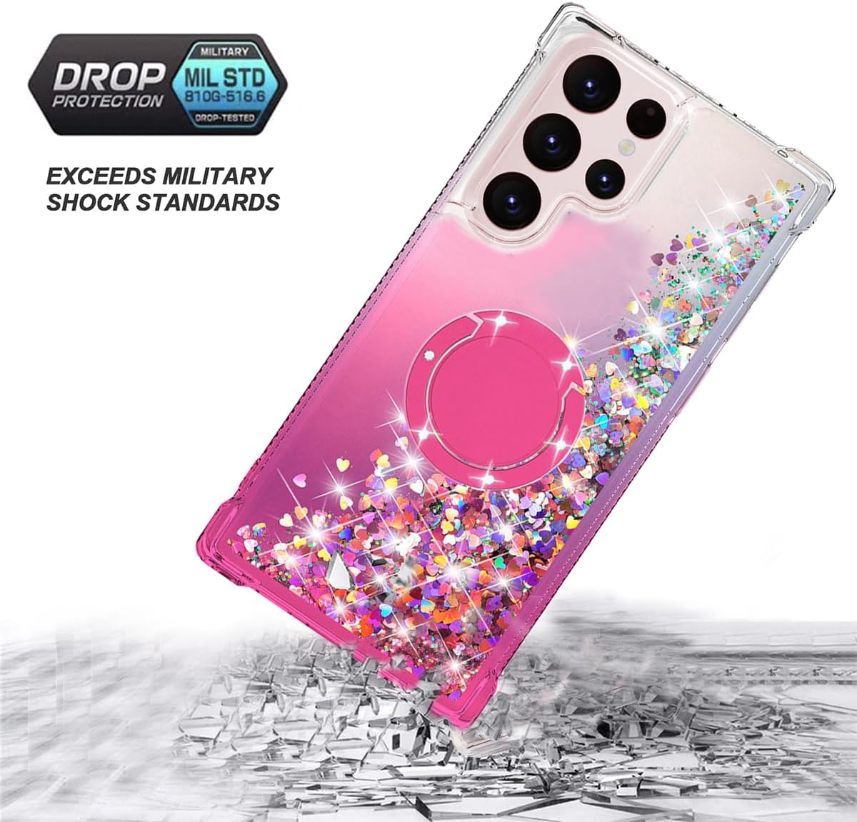 for Galaxy S23 Ultra Case,Bling Moving Liquid Floating Sparkle Colorful Glitter Waterfall TPU Protective Case with Rotation Ring Kickstand for S23 Ultra [6.8 inch 2023], Pink - Image 4