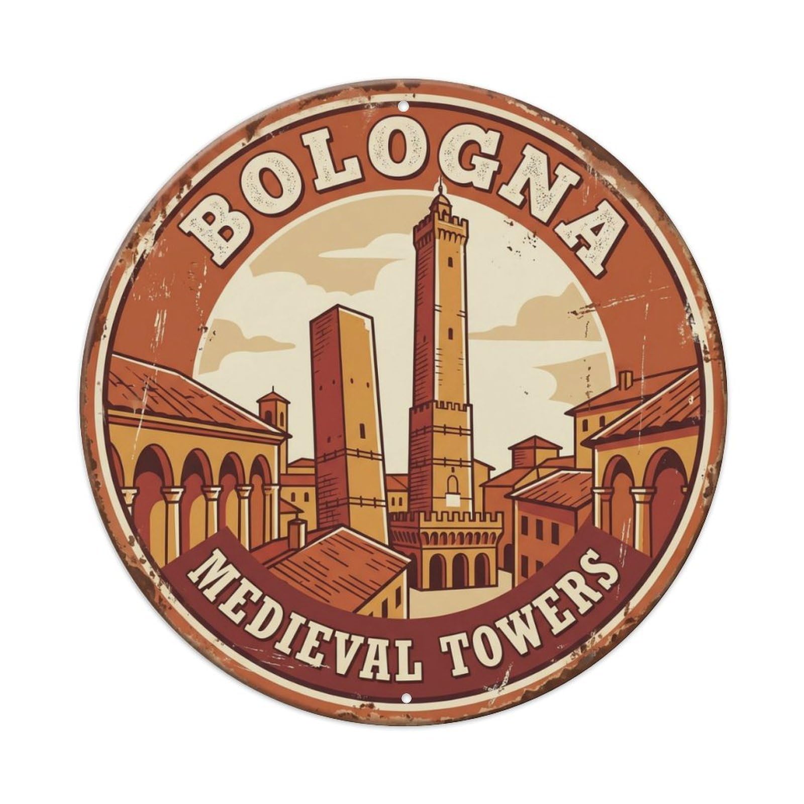 Vintage Travel Bologna Twin Towers Metal Tin Sign Plaque Wall Decor for Cafe, Club Bar, Office, Home Garden Round Metal Poster 8x8Inch