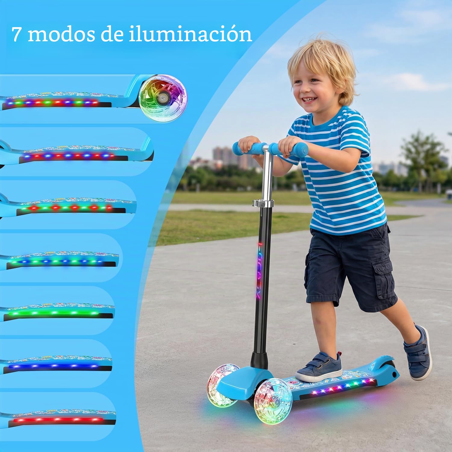 TONBUX Patinete Niño de 3 a 8 años, Patinete Niño con Columna, Ruedas y Bandeja Luminosa, Bandeja Metálica Reforzada, Altura Ajustable 65 – 80 cm, Freno Trasero Sensible, Lean to Steer Design