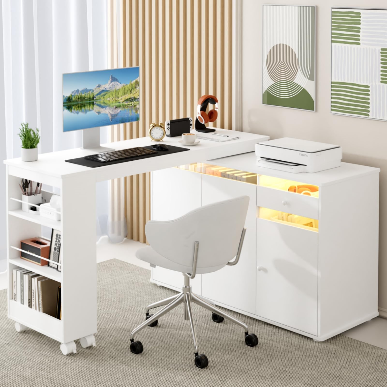 53" L-Shaped Computer Desk, Rotating Home Office Desk with Storage Cabinet & Drawer, Modern Study Writing Table with LED Light, Reversible Corner Desk Small Space & Bedroom Workstation, White