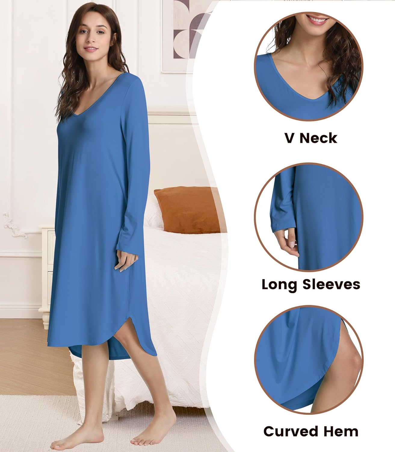 NACHILA Nightgowns for Women-Viscose Made from Bamboo,Long Sleeve Sleep Shirt Soft Nightshirts V Neck Sleepdress