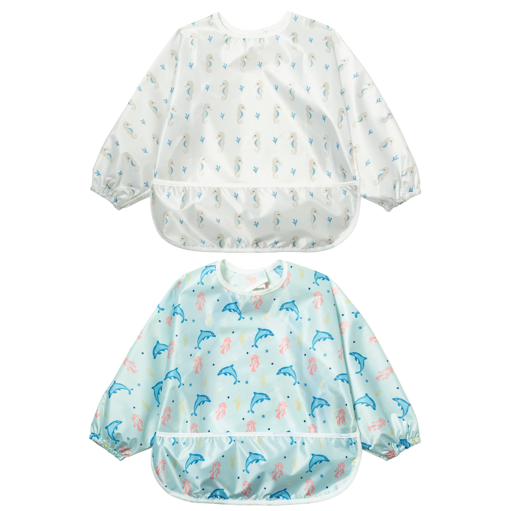 Little Dimsum Long Sleeves Toddler Weaning Bibs |Sleeved Baby Waterproof Feeding Coverall Set | Catching Food & Wipe Clean 6-36 Months(Dolphin&Sea horse)