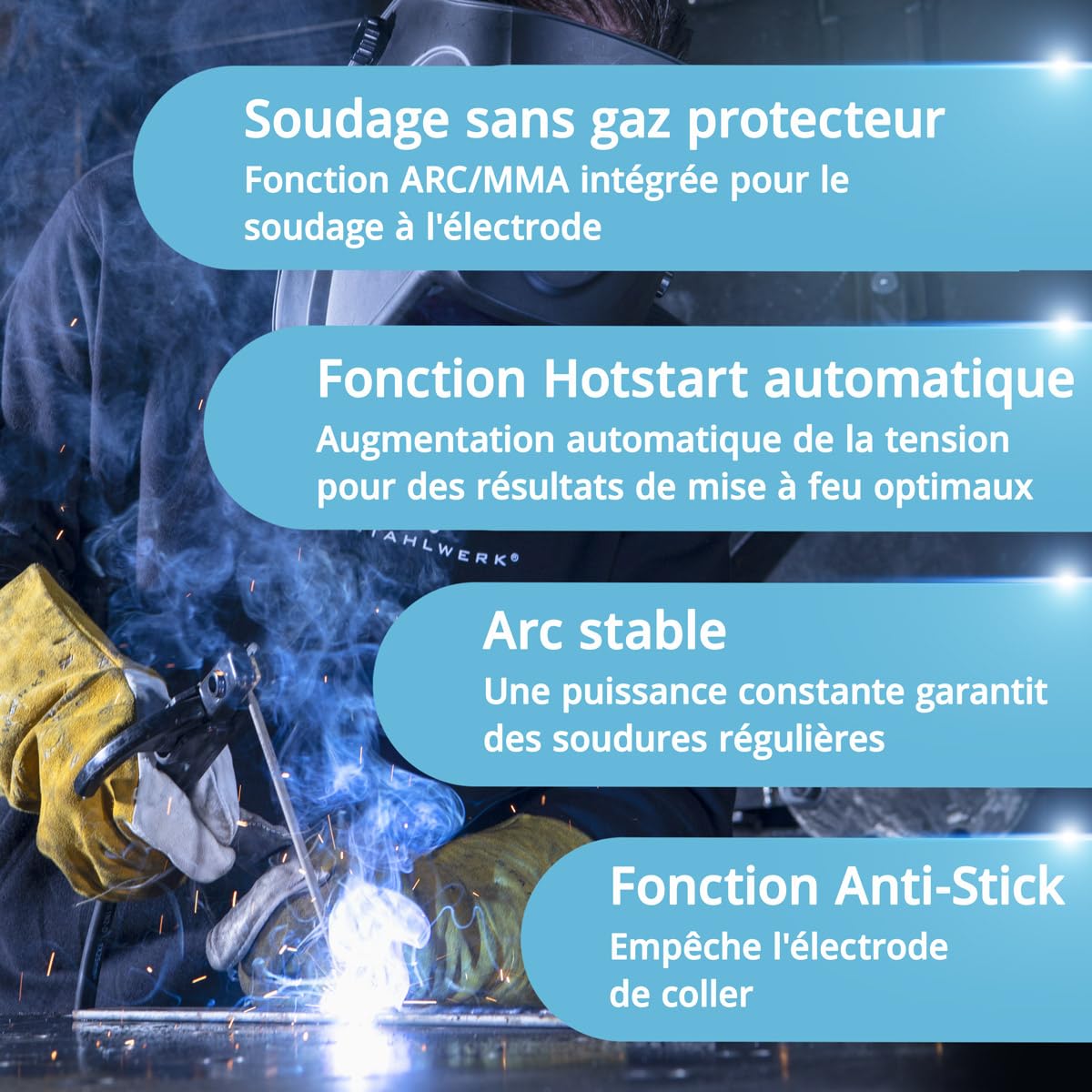STAHLWERK Poste à souder MIG/MAG 200 ST – Inverter IGBT 200 A, poste sous gaz avec dévidage synergique, compatible FLUX (fil fourré), fonctionnel Lift-TIG & MMA (ARC)