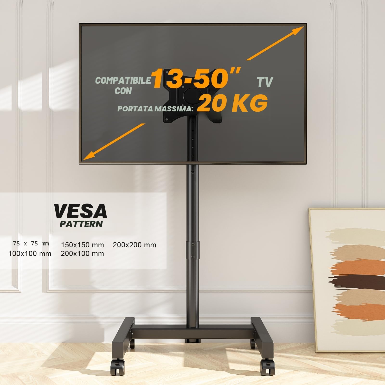 TVON Porta TV con Ruote Per Schermi Plasma/LCD/LED 13-50 Pollici, Girevole Supporto TV da Pavimento Regolabile in Altezza Carrello con Ruote Fino a 20 kg, Max. VESA 200 x200 mm, Nero