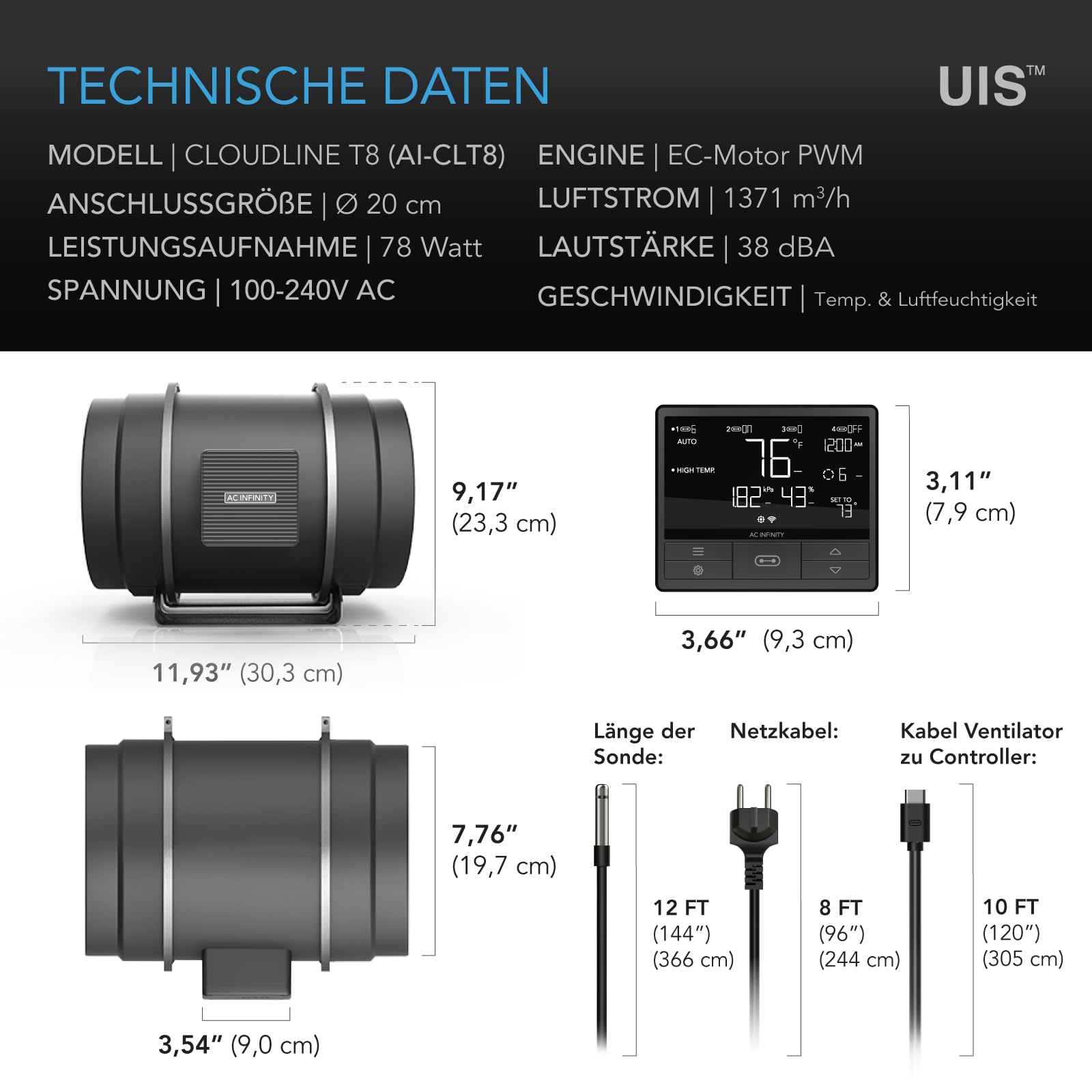 AC Infinity CLOUDLINE PRO T8 – Leises Inline-Lüftersystem 200 mm mit Temperatur-/Feuchtigkeits-VPD-Controller und App-Steuerung, für Grow-Zelte und Hydroponik