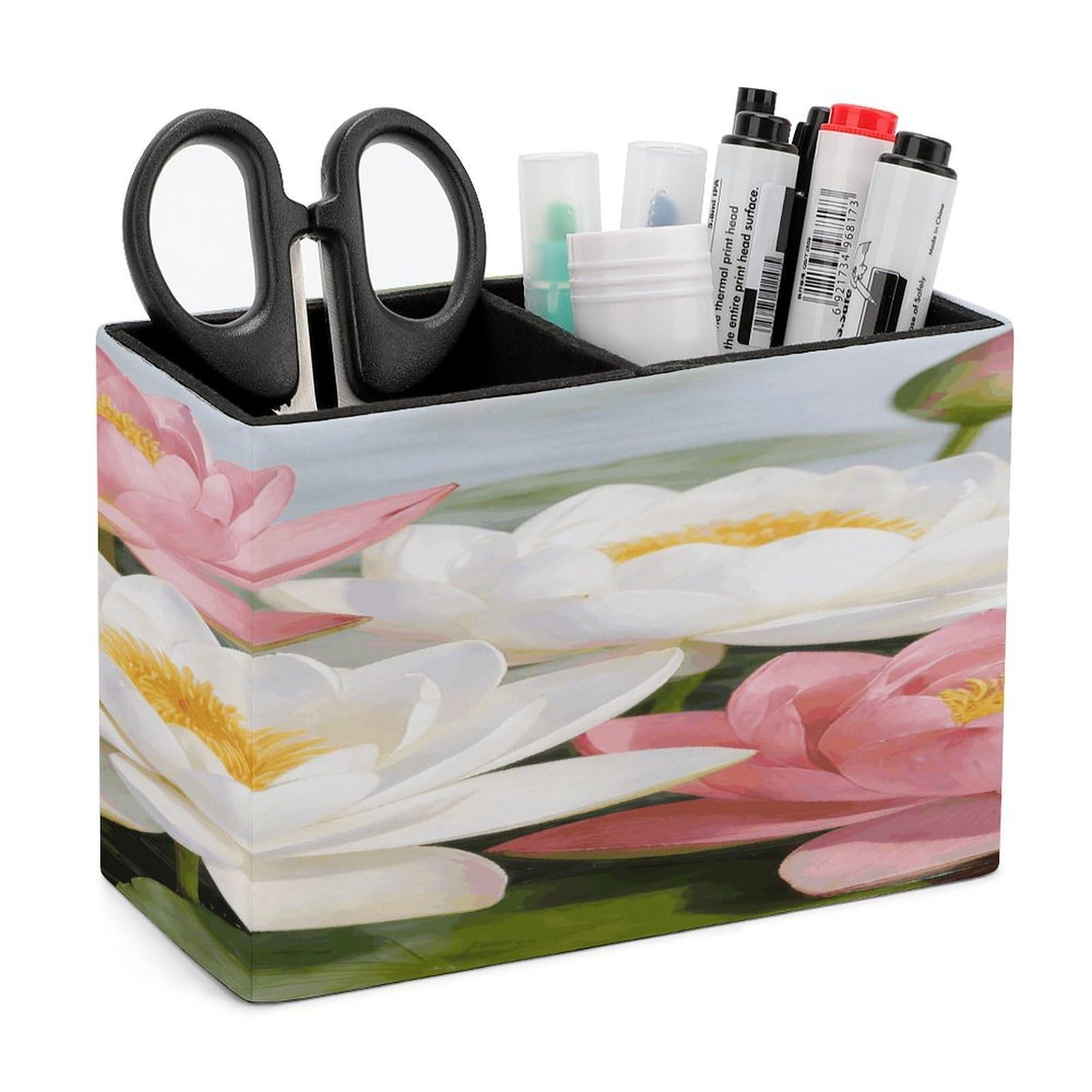 LZQPOEAS Clear Pond Lotus Rhythms Pen Holder Double Compartments Pen Cup Makeup Brush Holders Leather Pencil Holder Locker Organizer for Work Locker Accessories Modern Pencil Cup for Desk