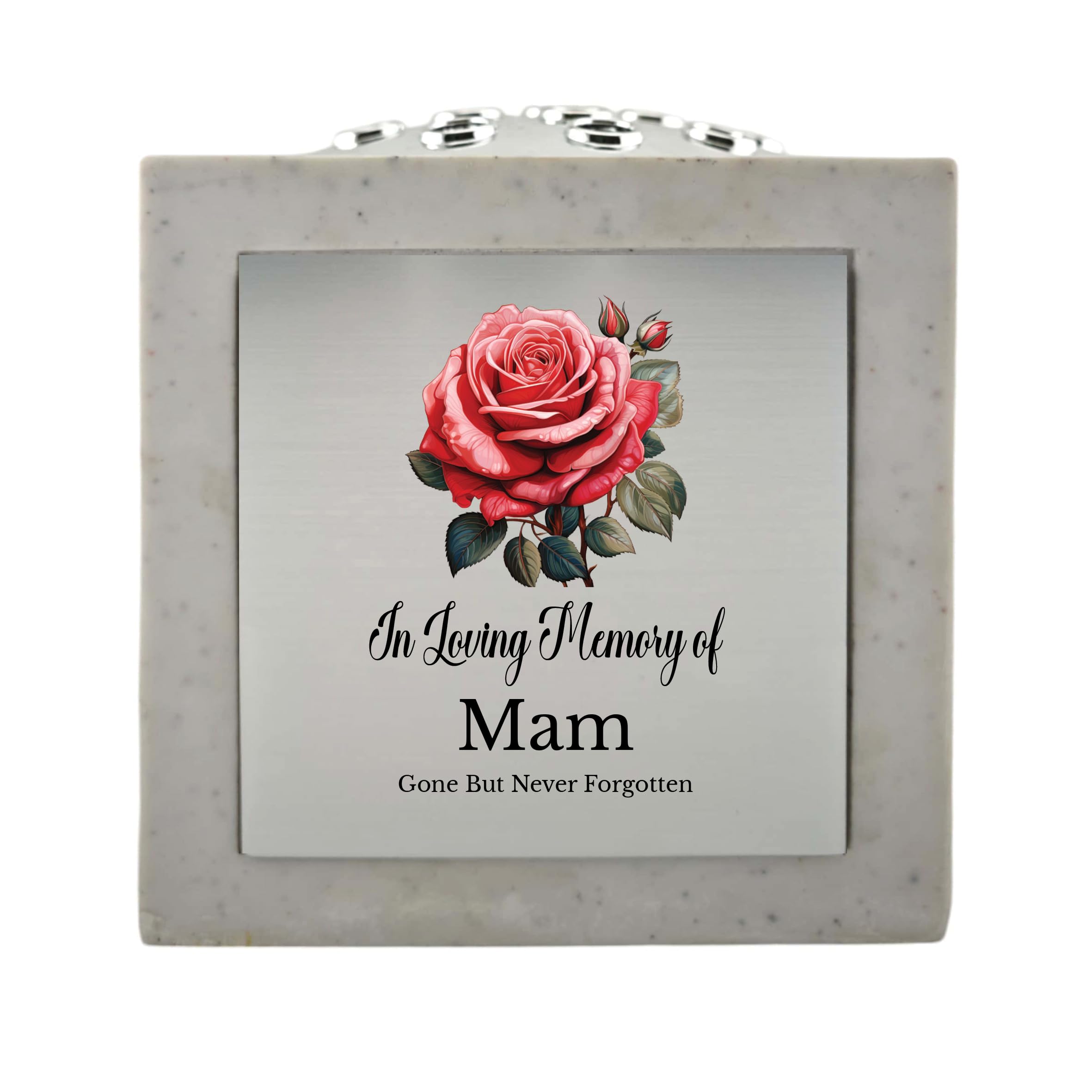 1Stclassgifts White In Loving Memory Of Memorial Rose Bowl Grave Marker Flower Pot Vase With Rose Design Mum Dad Grandad & Lots More /Silver (Uv Printed) (Mam)