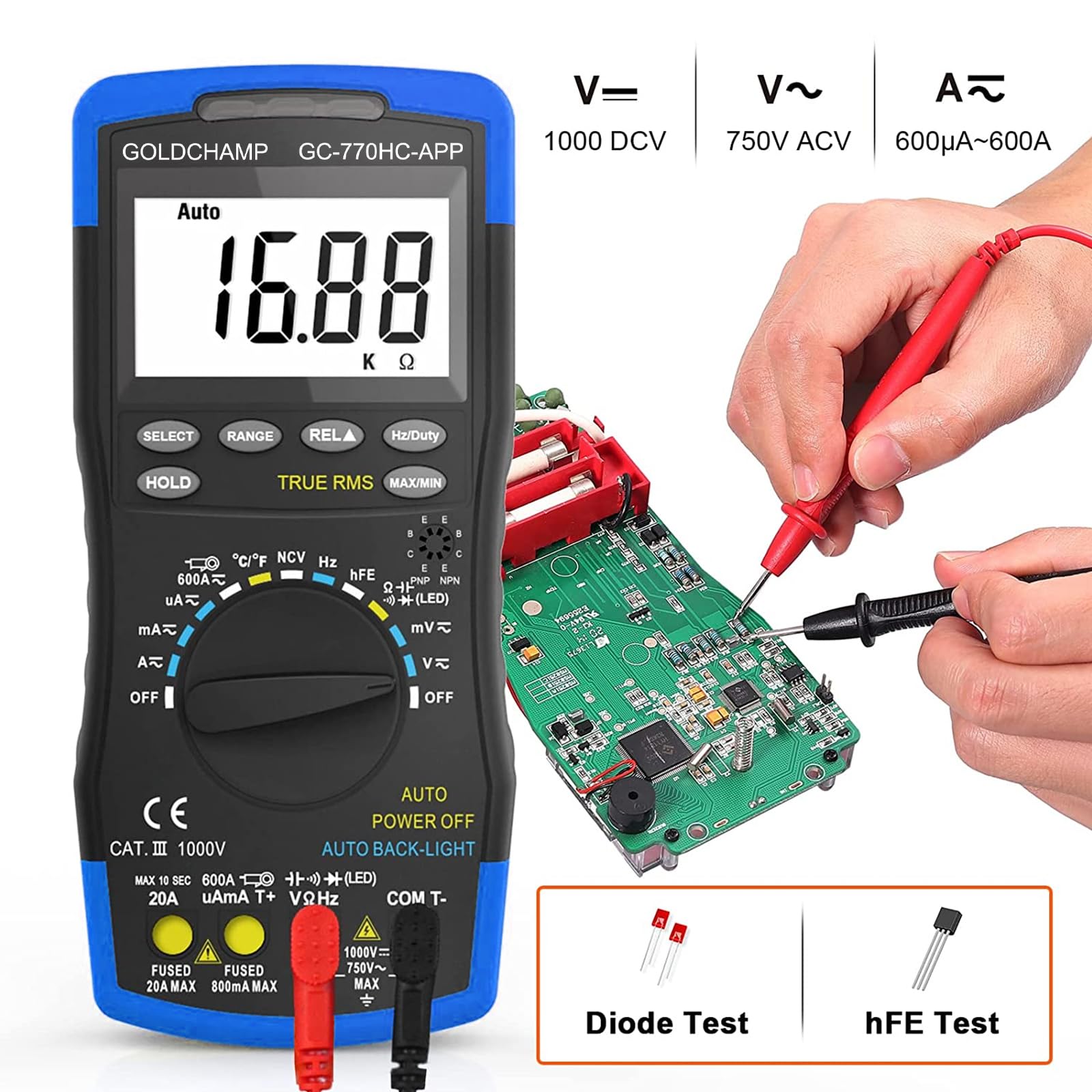 Multímetro digital TRMS AC/DC 1000 V 20 A Bluetooth, voltímetro 770HC para