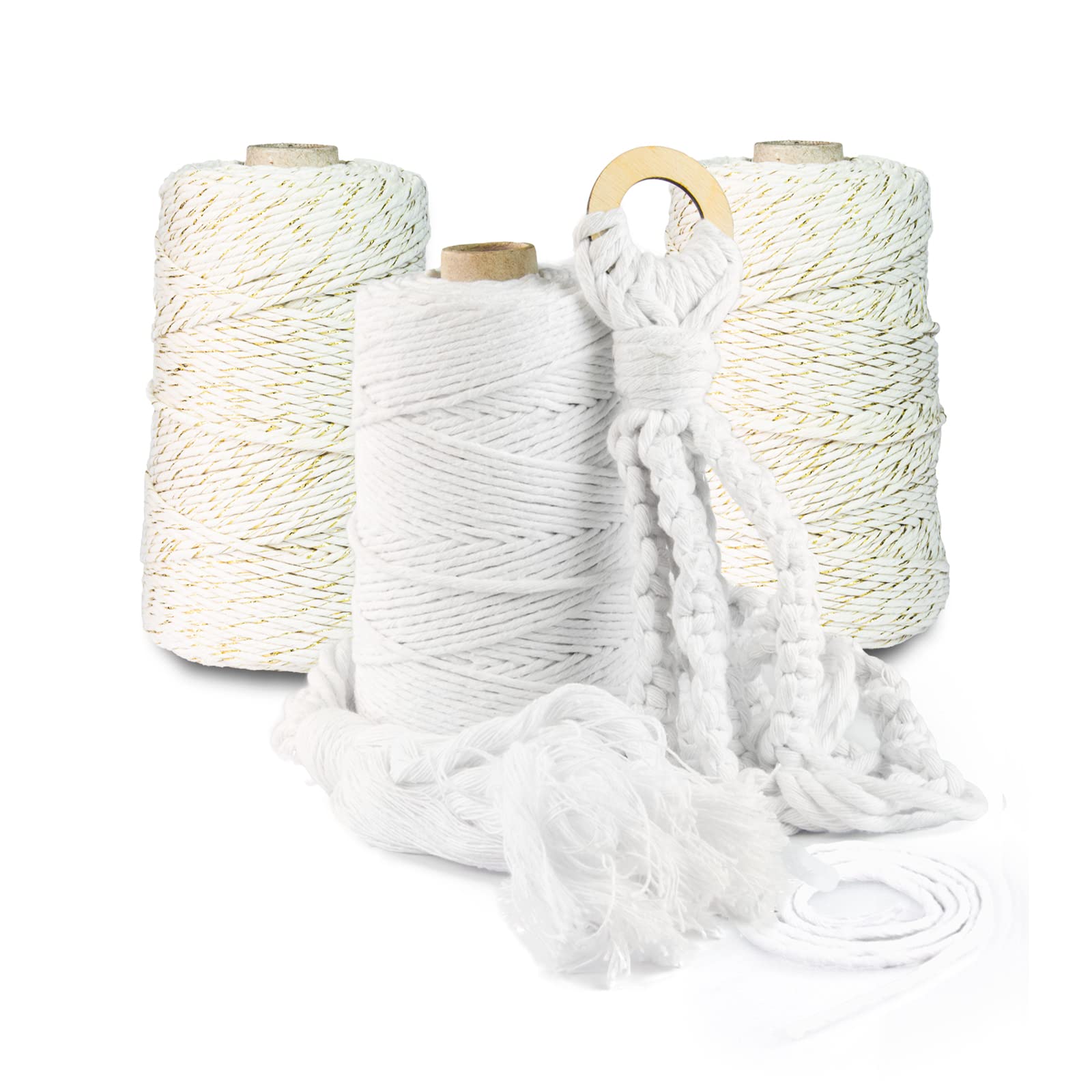 Hilo de macramé prémium, 600 m, 3 mm, color beige con hilos dorados, 100 % algodón, cordón natural, hilo de algodón, decoración para manualidades