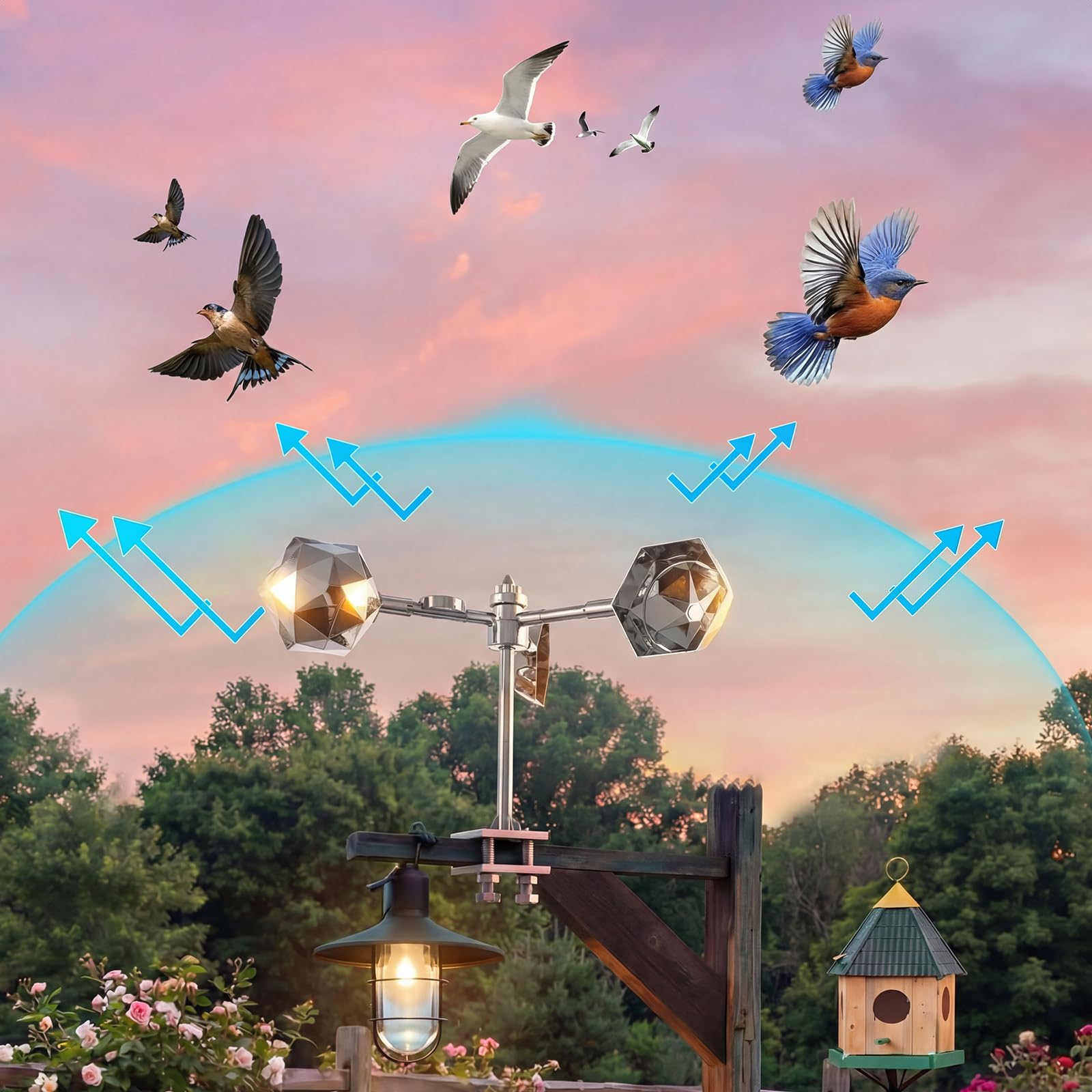 Paquete de 4 repelentes de pájaros reflectantes aislados para exteriores, dispositivo reflectante giratorio que evita colisiones de gorriones palomas, adecuado para jardines, tejados, granjas y