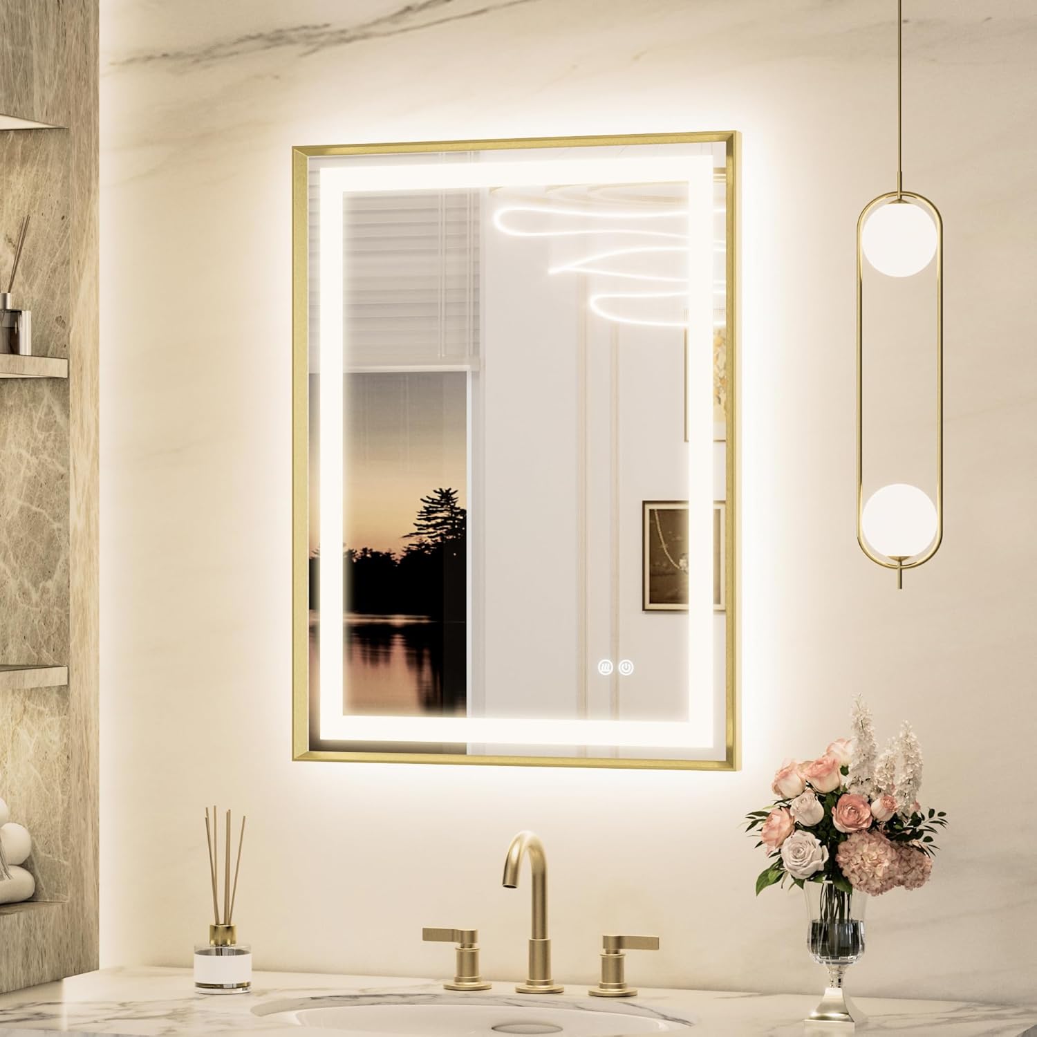 Keonjiinn 24 x 32 Inch LED Bathroom Mirror with Frontlit & Backlit, Gold Lighted Bathroom Vanity Mirror, Metal Framed Beveled Edge, UL Listed LED Driver, Tempered Glass, 3 Color Lights, Safe Defogging Brushed Gold 32"L x 24"W