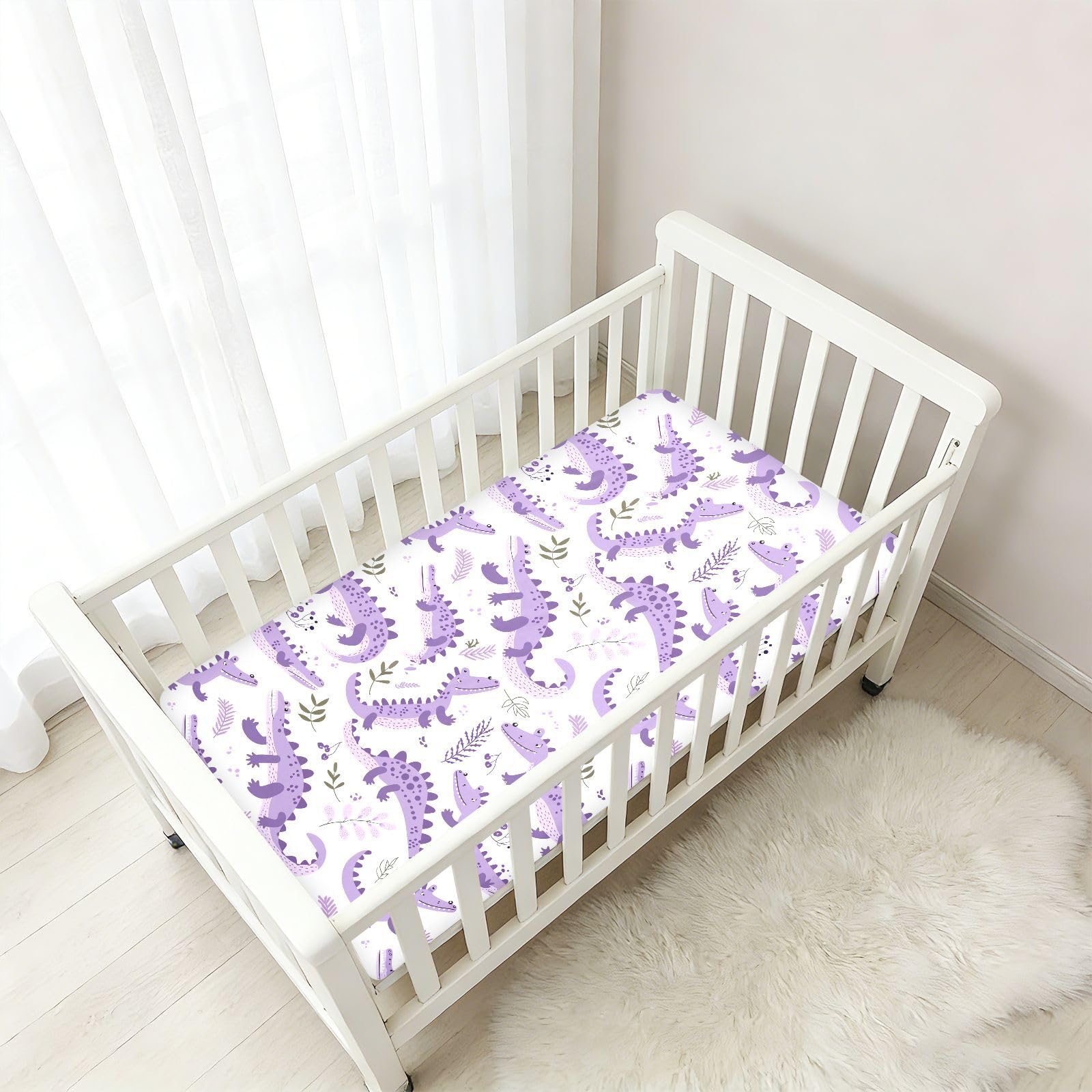 Sábanas de algodón para cuna de bebé, diseño de cocodrilos de lavanda animal, funda de cama suave para decoración de guardería, 1 paquete de sabanas para cuna